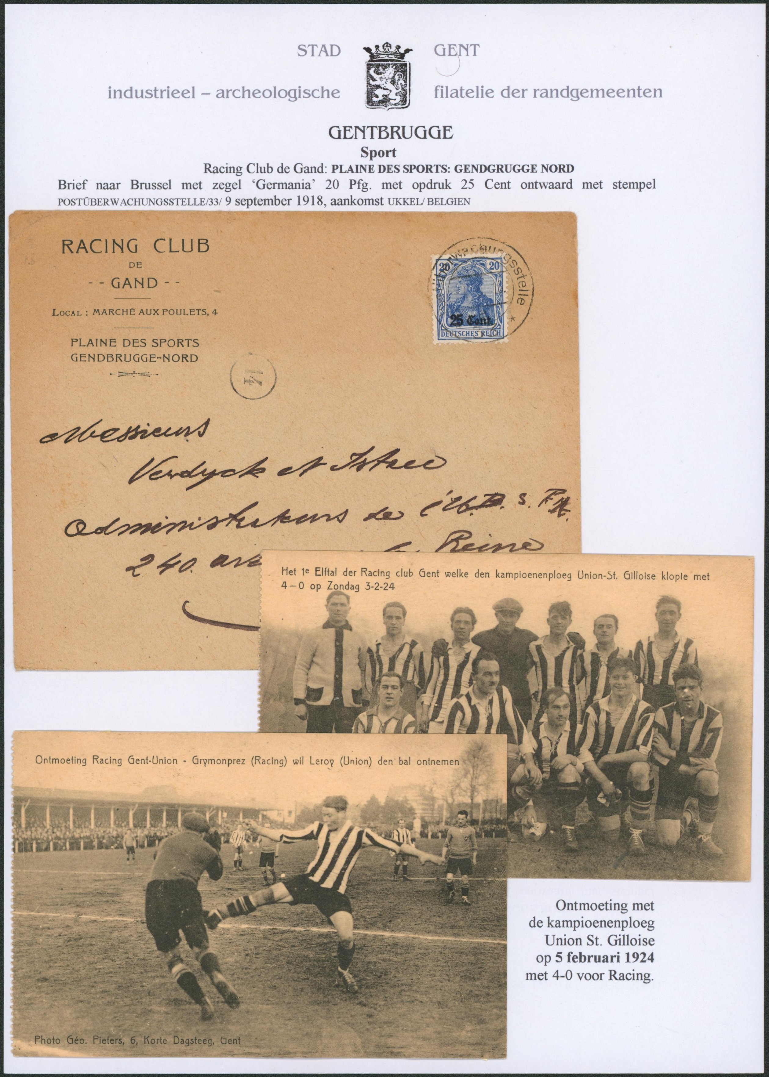 Page de collection - OC31 sur lettre à en-tête "Racing club de Gand" + 2 CPA (racing club de Gand) obl DC postuberwachungstelle > Bruxelles