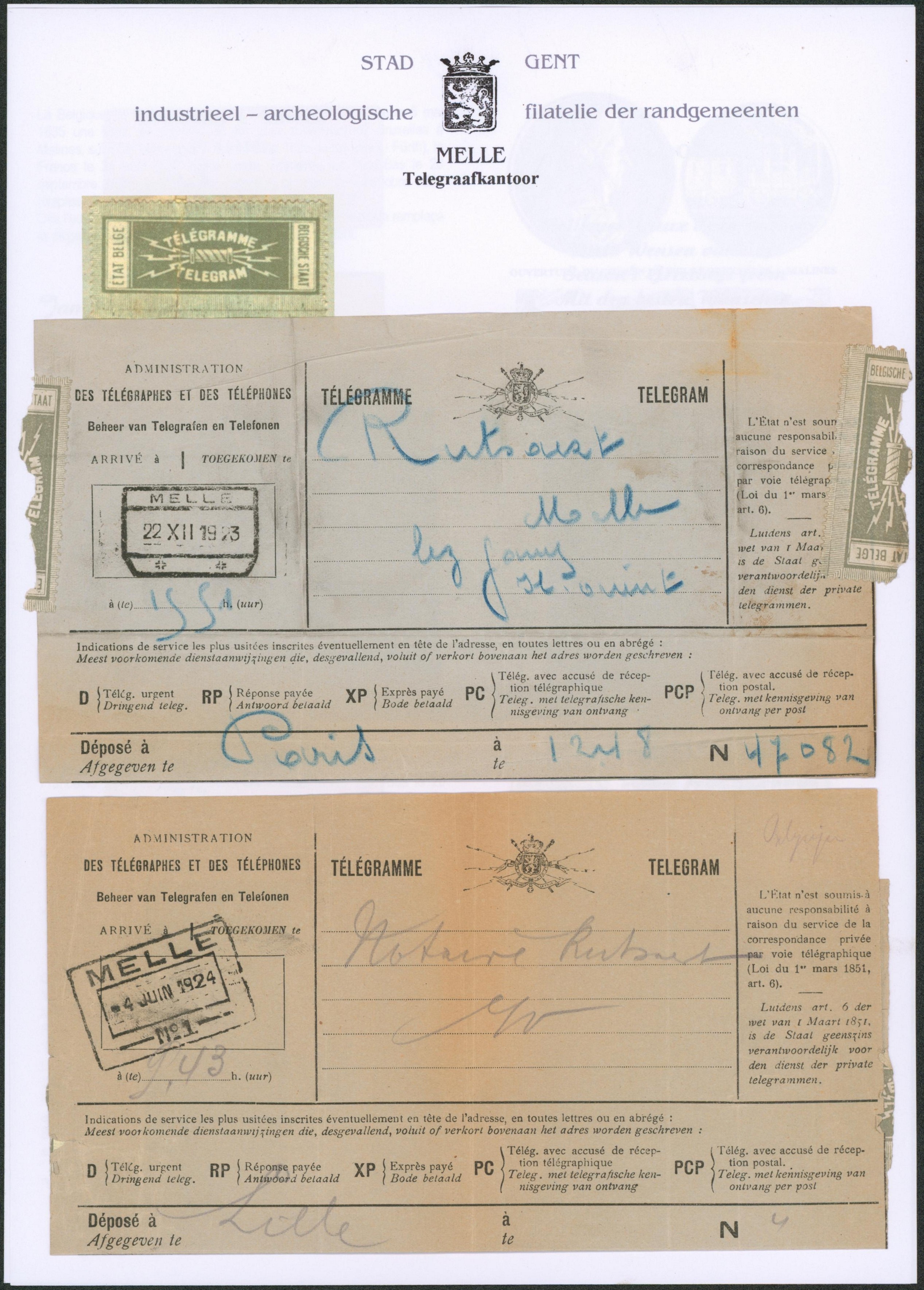 Page de collection - Ensemble de 2 télégramme + obl chemin de fer "Melle" (type différent). A examiner
