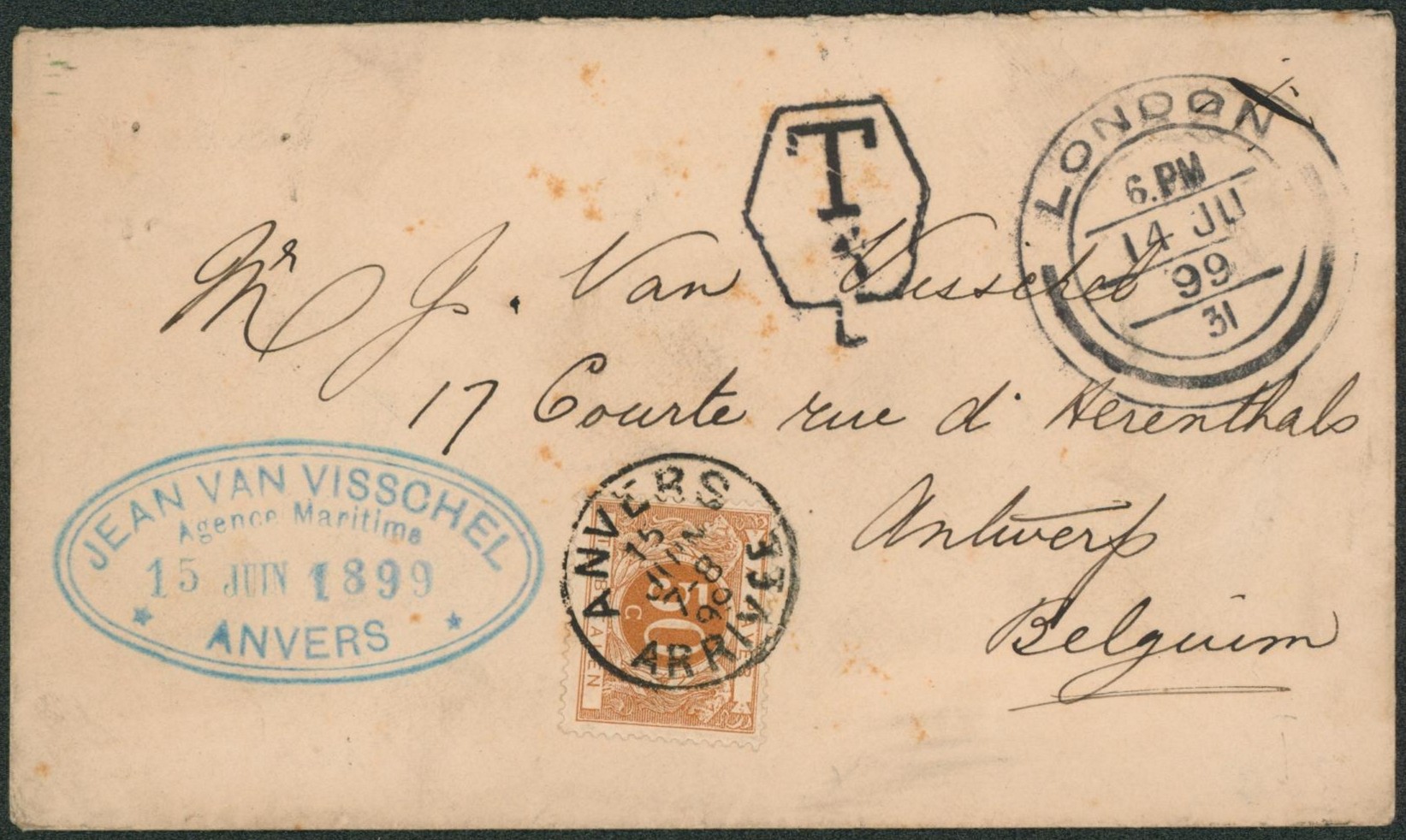 Enveloppe non affranchie expédiée de London (Londres 1899) taxe anglaise > Antwerpen + TX8 ! TB