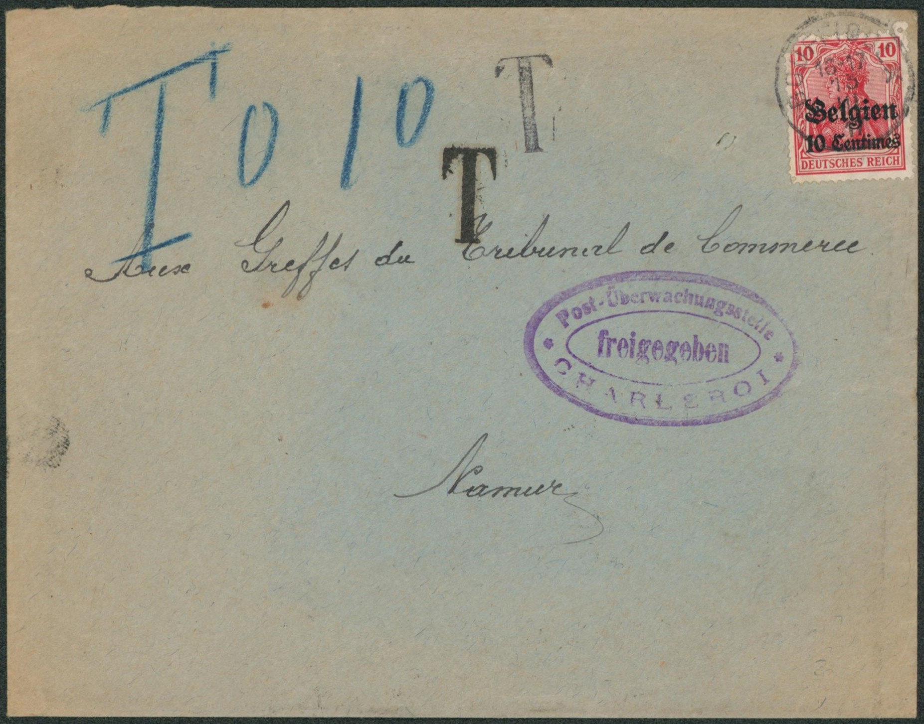 OC3 sur lettre obl simple cercle "Bouffioulx" + censure de charleroi, taxé à 10ctm > Namur.