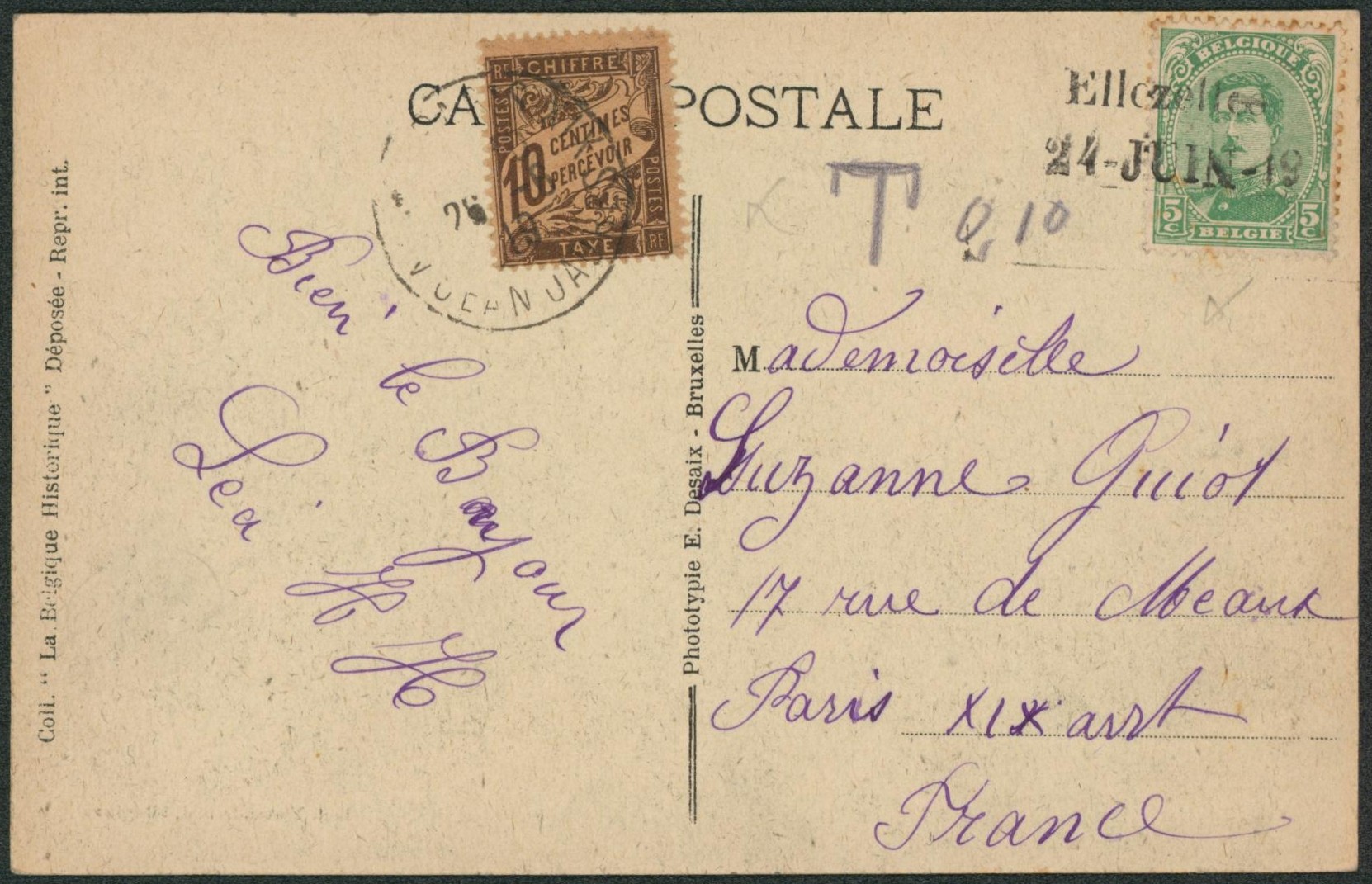 Fortune - n°137 sur CP annulé par griffe de fortune ELLEZELLES + date > Paris, taxé à 10ctm  !