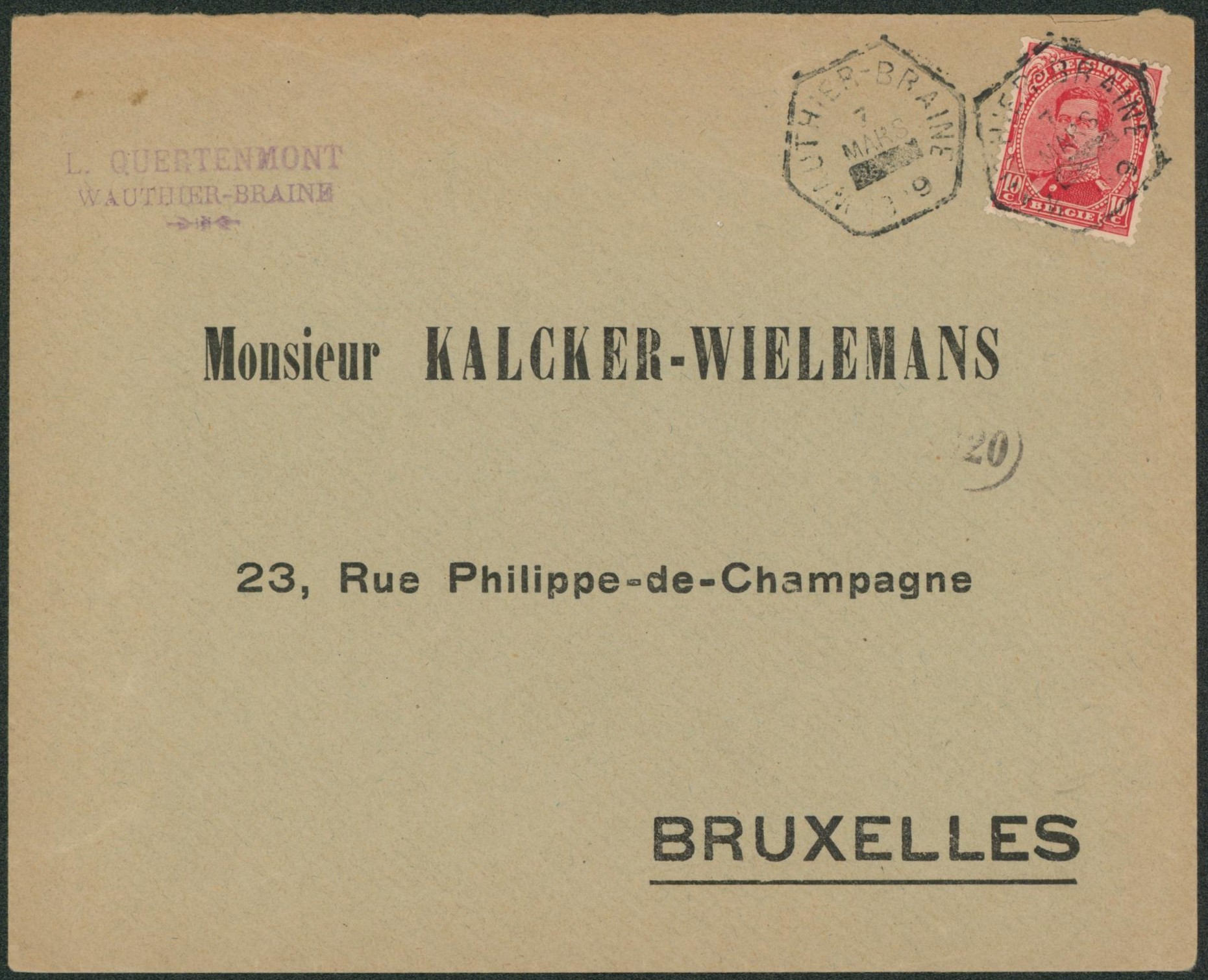 n°138 sur lettre obl chemin de fer (hexagonal, fortune) WAUTHIER-BRAINE > Bruxelles. TB