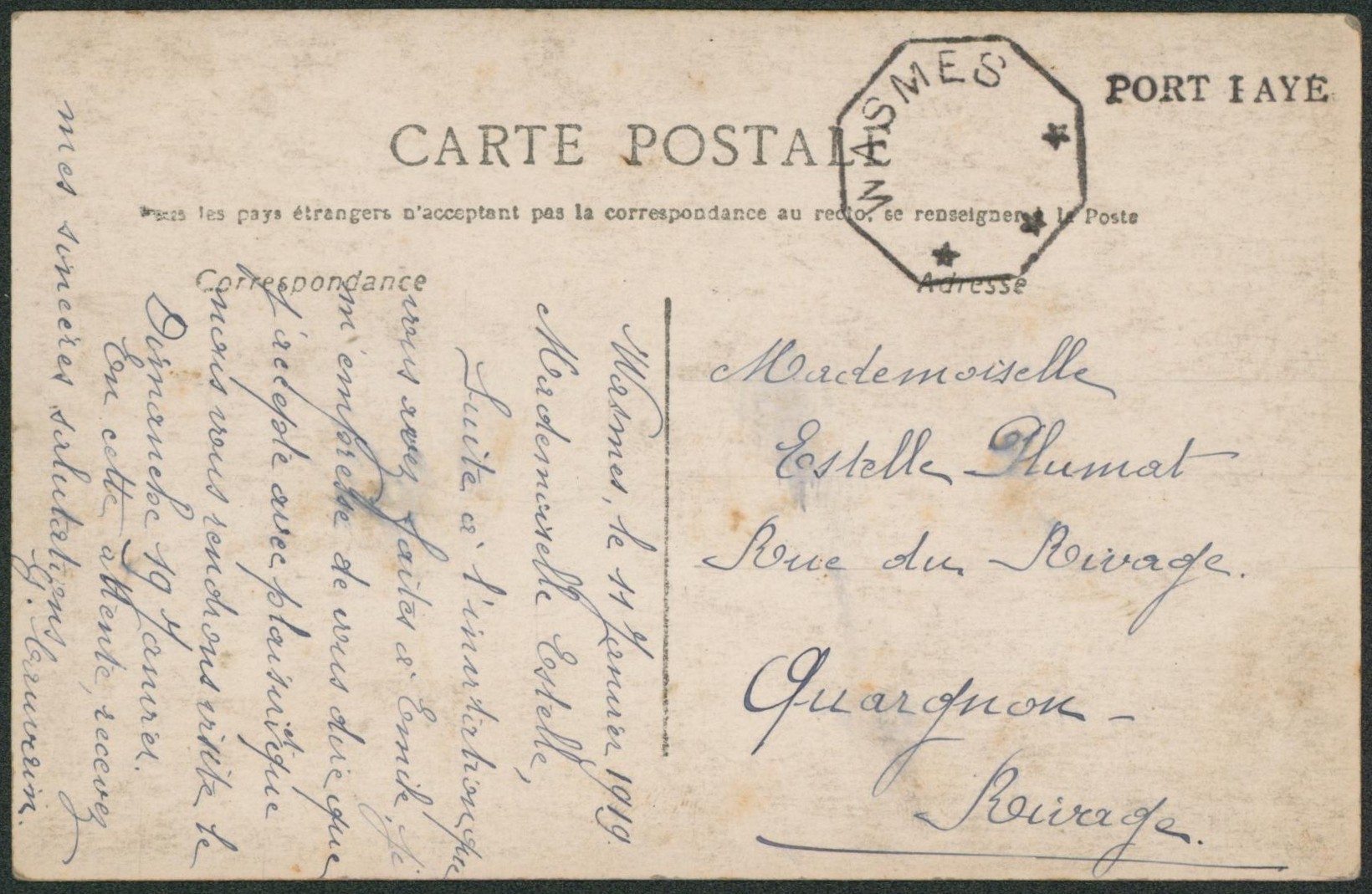 CP + petite griffe PORT PAYE et cachet télégraphique "Wasmes" (3 étoiles, bloc dateur vide) > Quaregnon. TB !