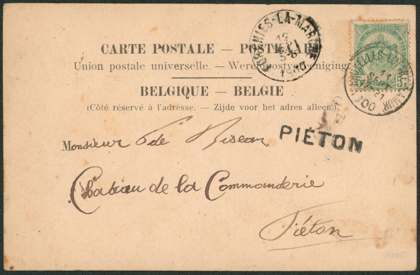 n°56 sur CP obl ambulant "Bruxelles-Luttre-Namur" > Piétion + griffe ferroviaire PIETON