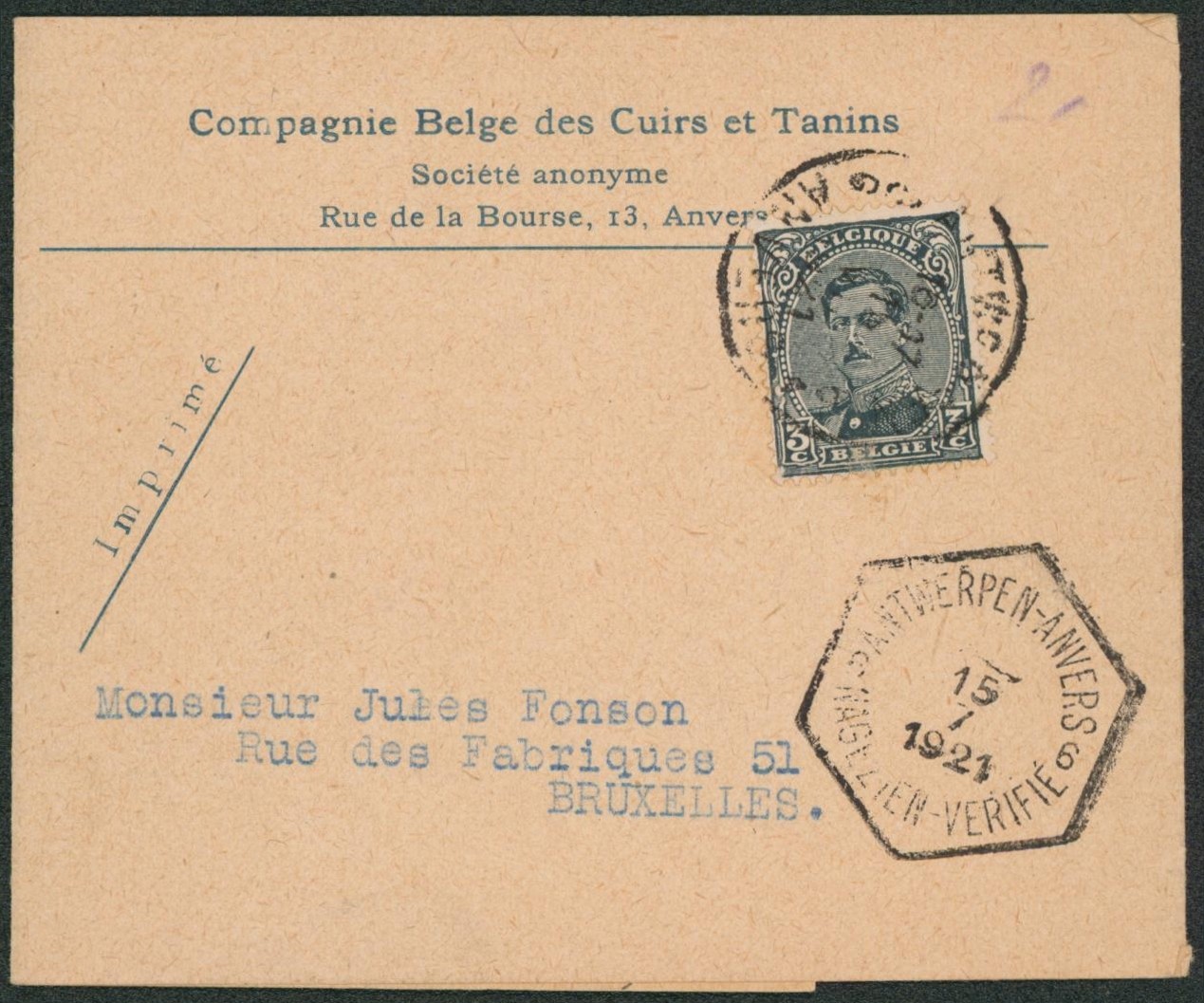 n°183 sur bandelette imprimée (Compagnie belge des cuirs et tanins) expédié de Antwerpen + cacher special "Antwerpen-Anvers / Nagezien-vérifié 6" > Bruxelles.