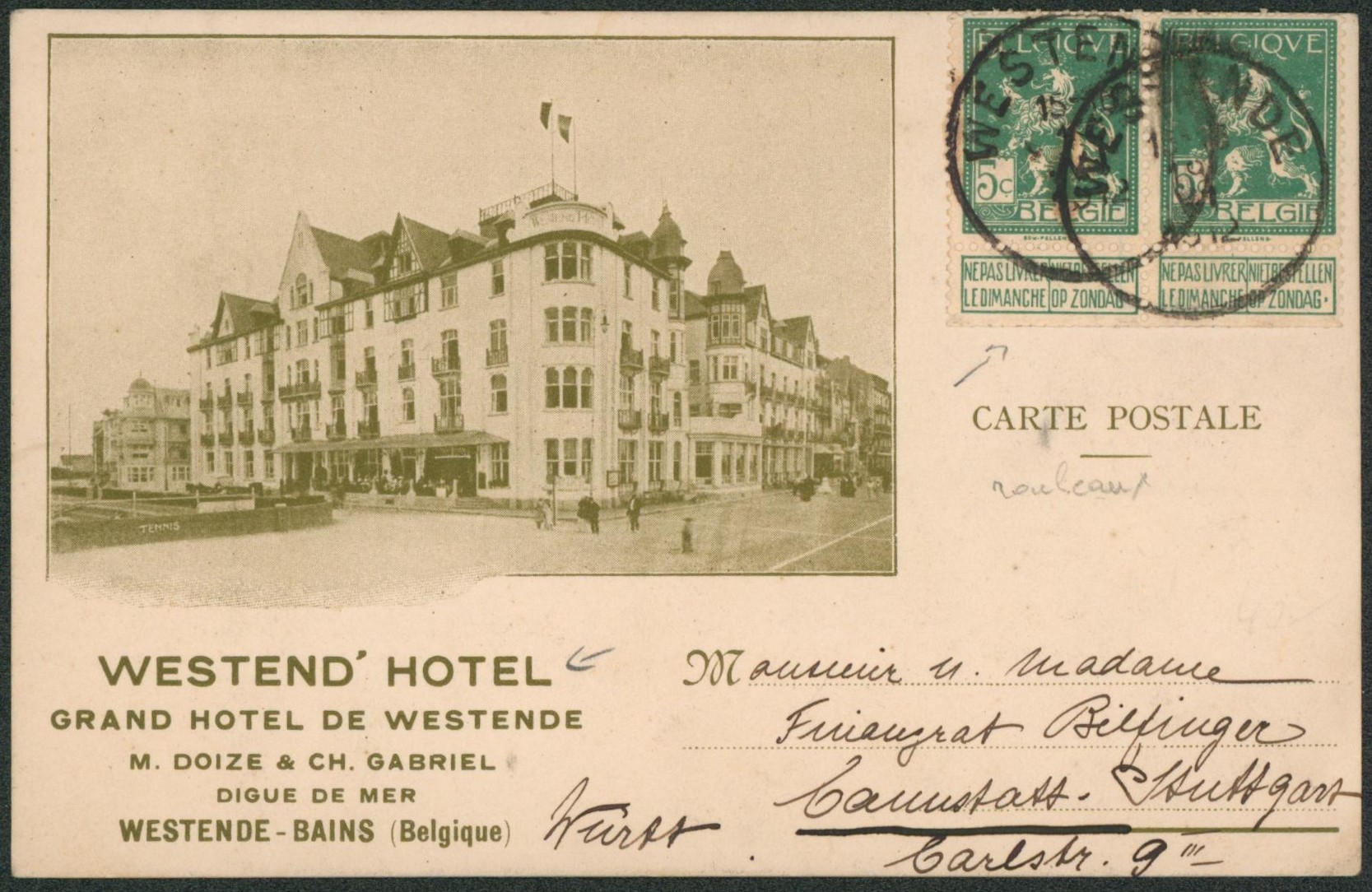 Pellens - 5ctm en paire (provenance d'un carnet) sur CP imprimée (Westend Hotel) expédié de Westende > Stuttgart (Allemagne). TB