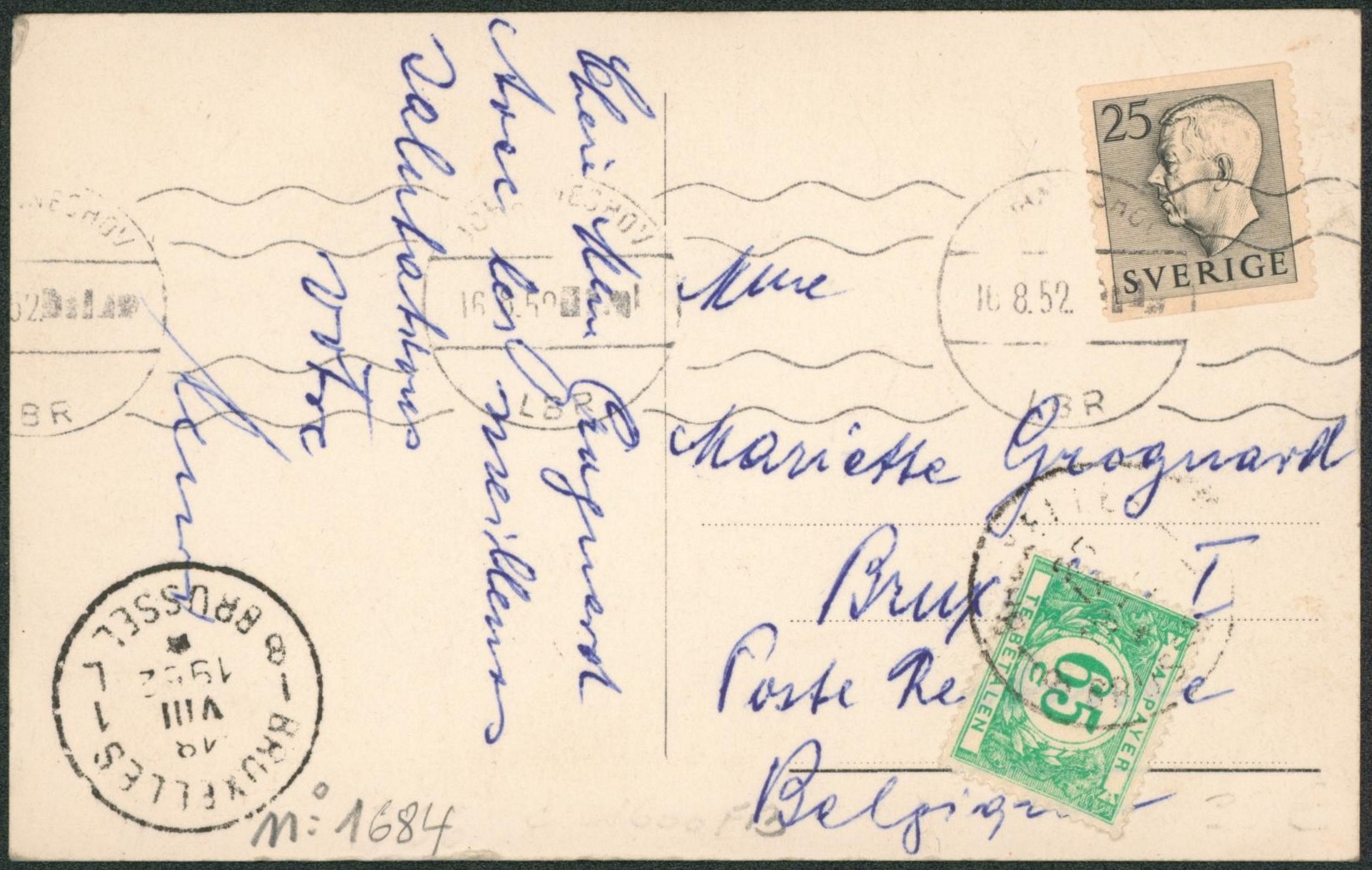CP vue expédié de Stockholm (1952) > Poste restante à Bruxelles, taxe de la poste restante soit 65ctm + cachet à étoile "Bruxelles / Brussel"