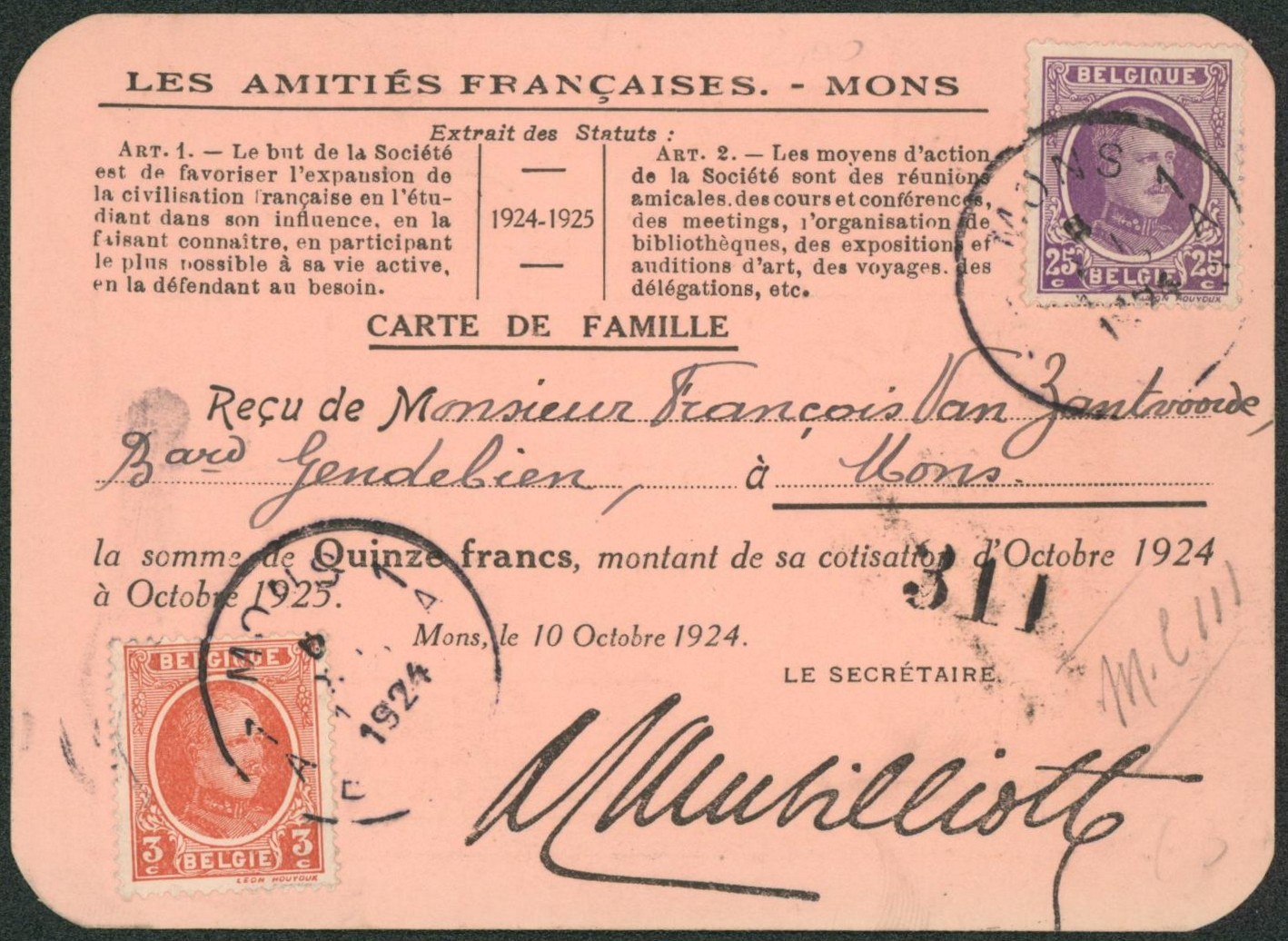 houyoux -  n°192 et 198 sur imprimé (carte de famille) expédié de Mons > Mons (taxe 15 Fr).