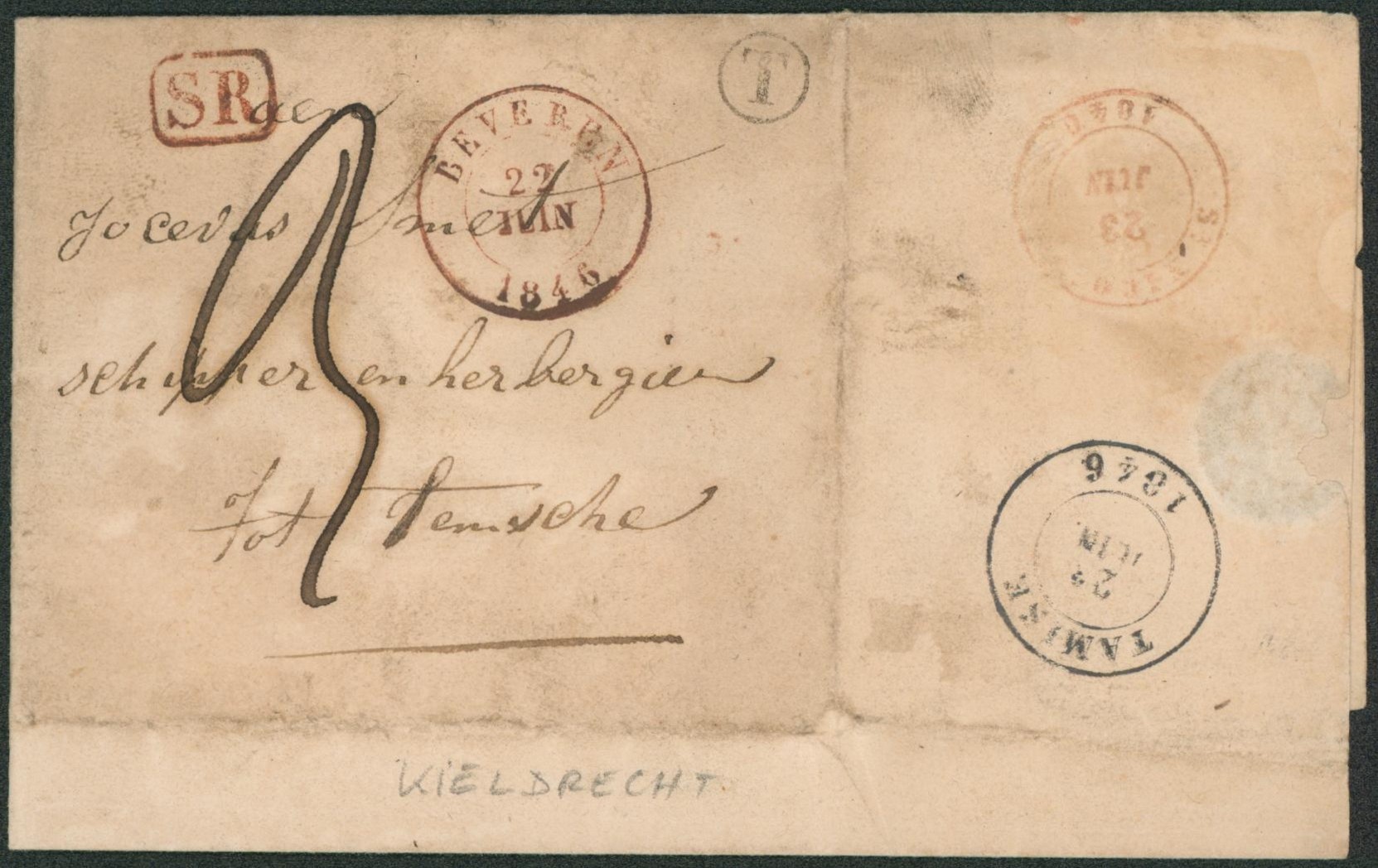 LAC + cachet dateur "Beveren" (1846) et boite rurale "T" (Kieldrecht), taxe 3 décimes > Temsche