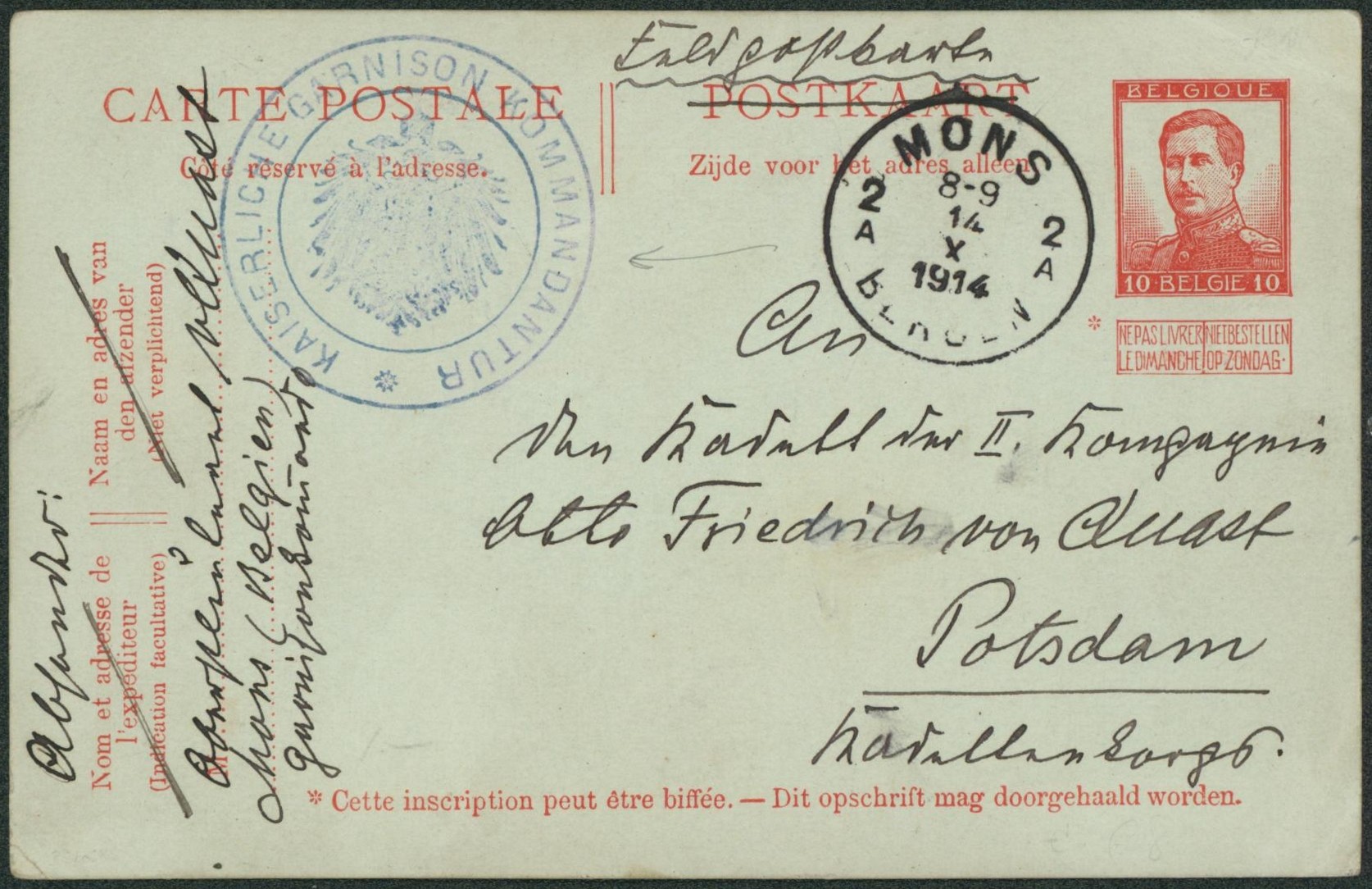 EP au type 10ctm rouge Pelles utilisé en feldpostkart expédié de Mons + cachet de régiment "Kaiserlich garnison kommandantur" > Postdam