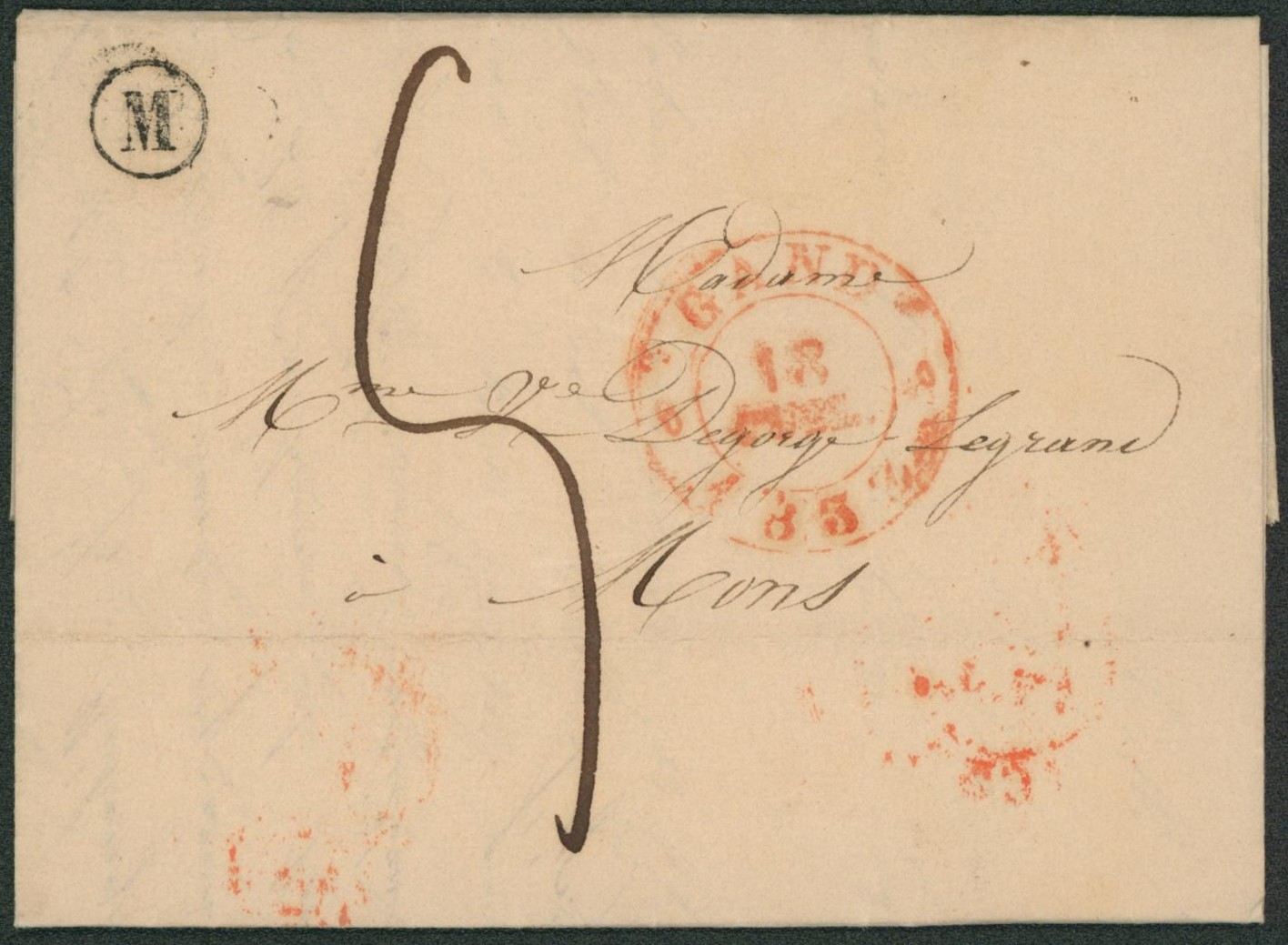 LAC + cachet dateur à Perles "Gand" et boite rurale "M" (Melle), port "4" > Mons