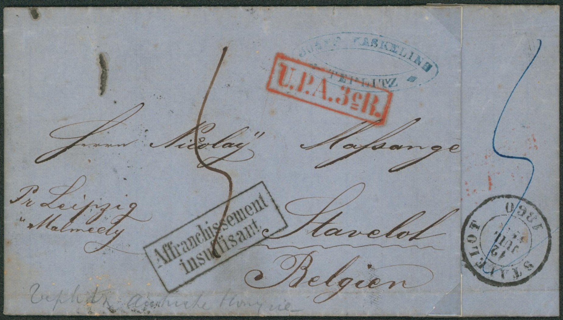 LAC non affranchie datée de Teplitz (Teplice, Rep. Tchèque) + griffe de rayon U.P.A. 3e R & encadré "Affranchissement / Insuffisant" par Leipzig-Malmedy > Stavelot