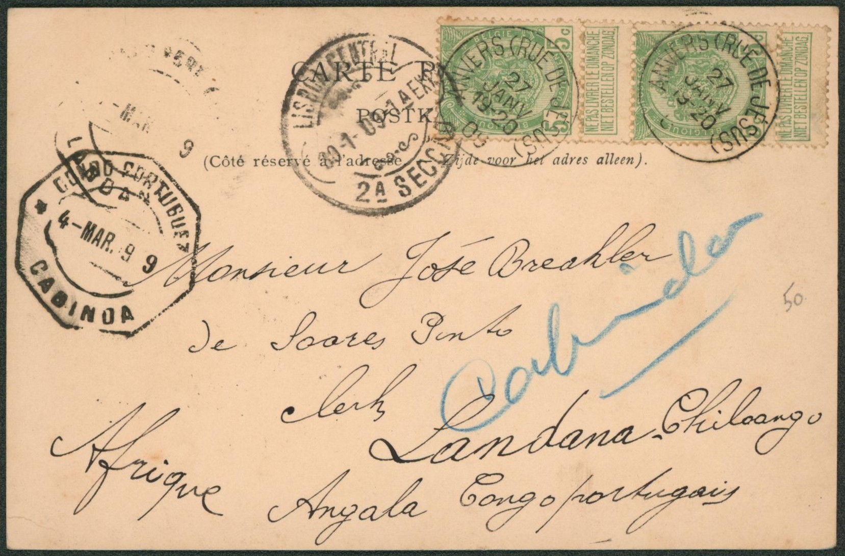 n°56 x2 sur CP manuscrite obl S.C. "Anvers (Rue De Jésus)" > Landana (Congo portugais) çàd arrivée. TB