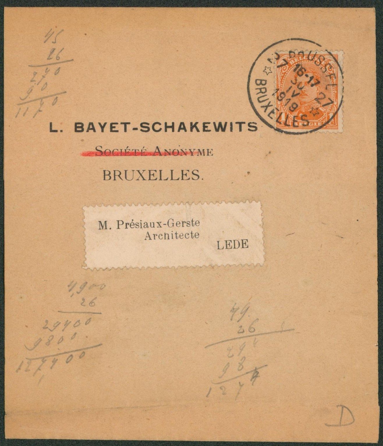 n°135 sur bande pour imprimé (complet) obl agence "Brussel / Bruxelles 27" > Lede