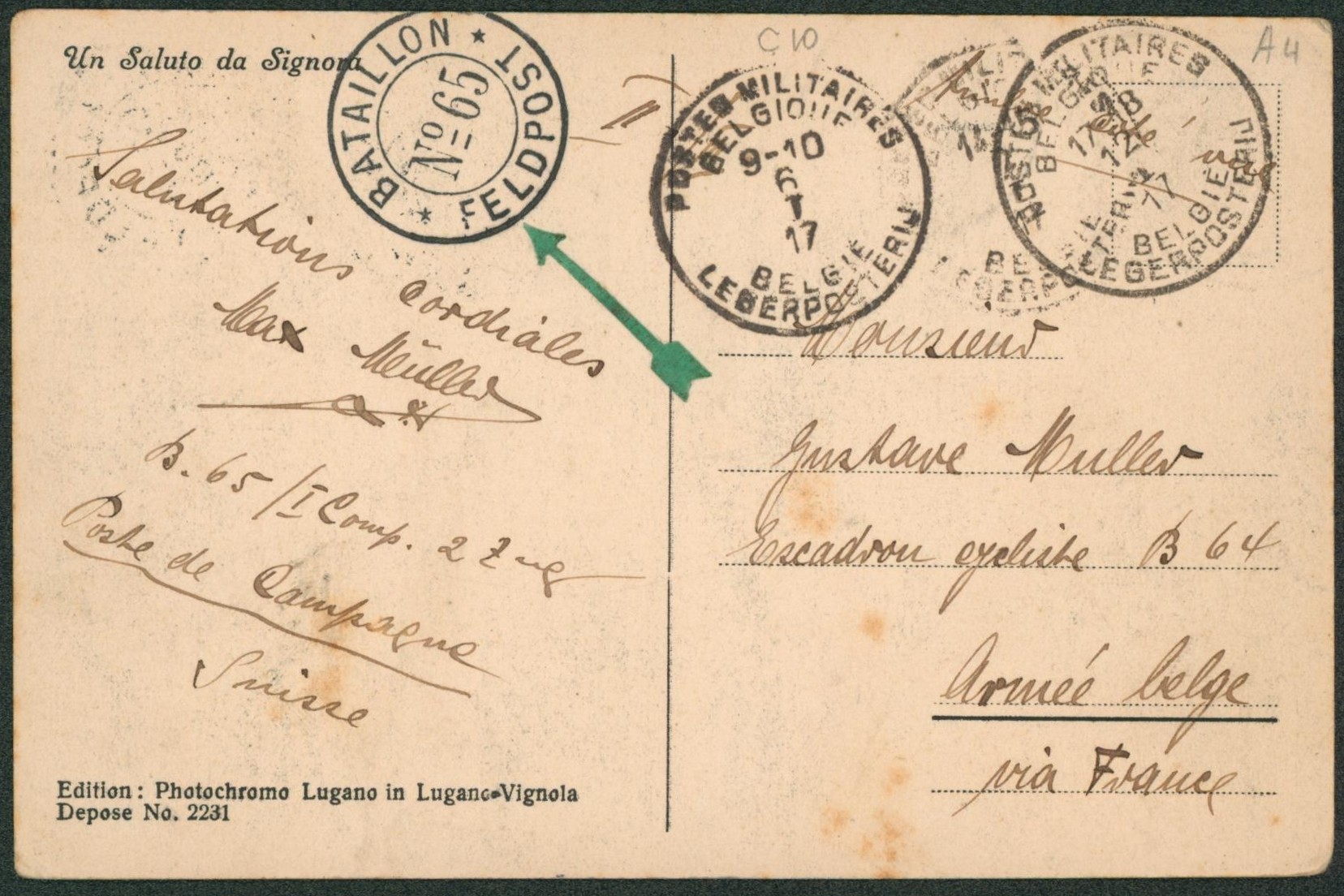 Suisse - CP affrachie + cachet "Bataillon / feldpost n°65" > Armée belge escadron cycliste via France.