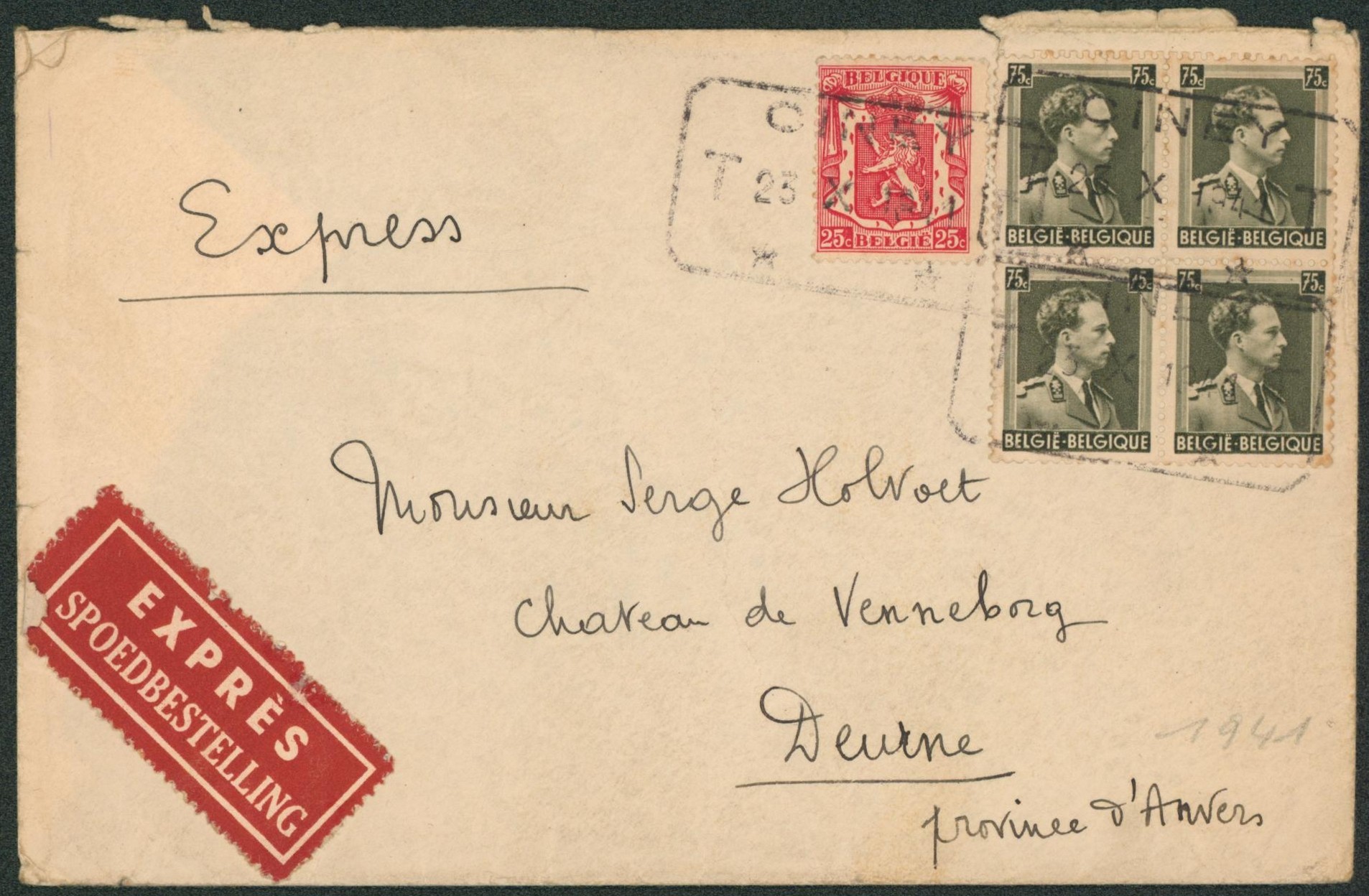 Affranch. Mixte (Col ouvert) sur lettre en expres obl télégraphe-téléphone CINEY > Deurne
