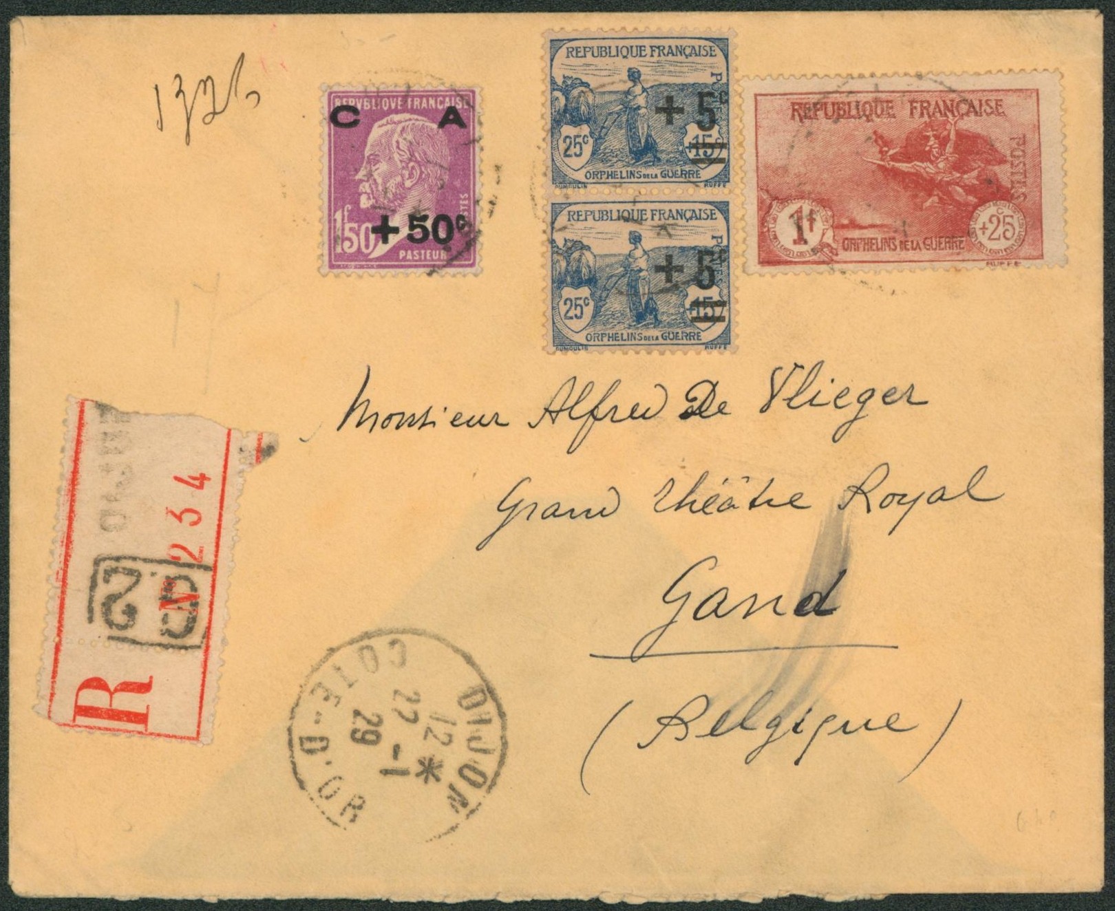 France - Affranch. Mixte (Caisse d'amortissement / Orphelin) sur lettre en recommandé de Dijon > Gand (Belgique)