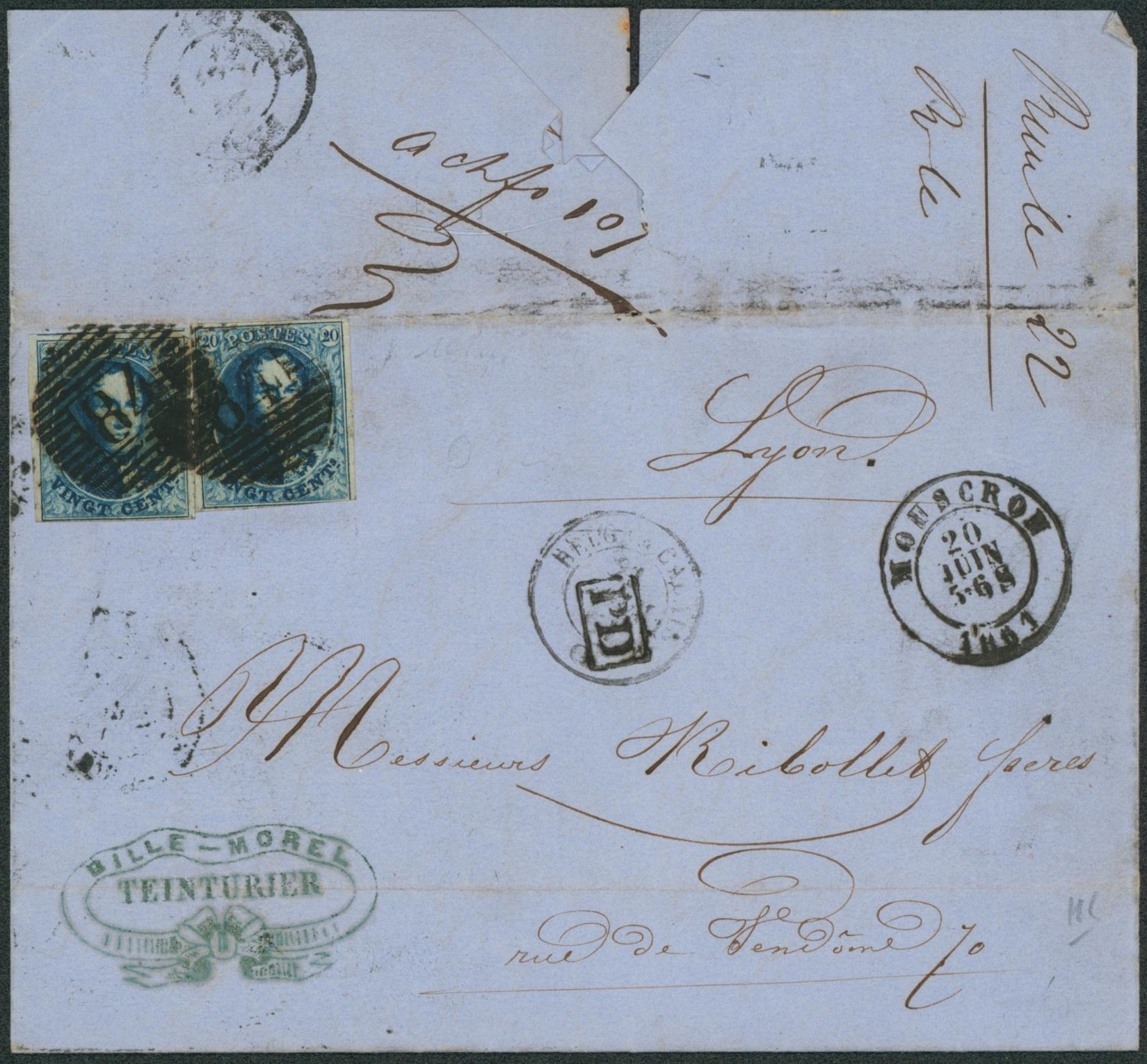 n°11A x2 au filet sur LAC obl P84 çàd Mouscron + cachet privé (teinturier) > Lyon