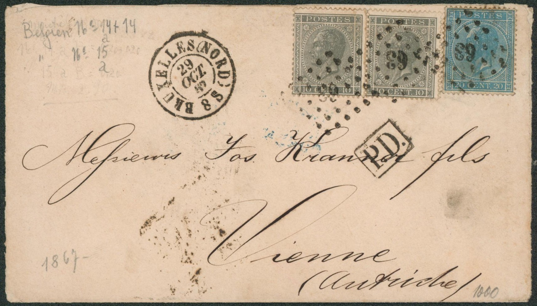 n°17 x2 et 18 sur enveloppe obl Pt 63 çàd Bruxelles (Nord) > Vienne (Autriche)