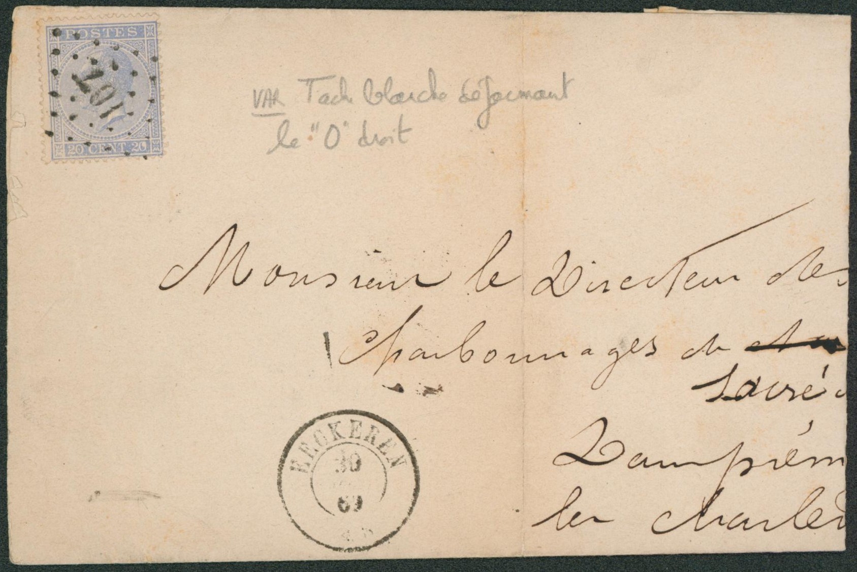n°18 sur LSC obl Pt 107 çàd Eeckeren > Charleroy. Curiosité : coquille blanche dans le 0 de 20 de droite.