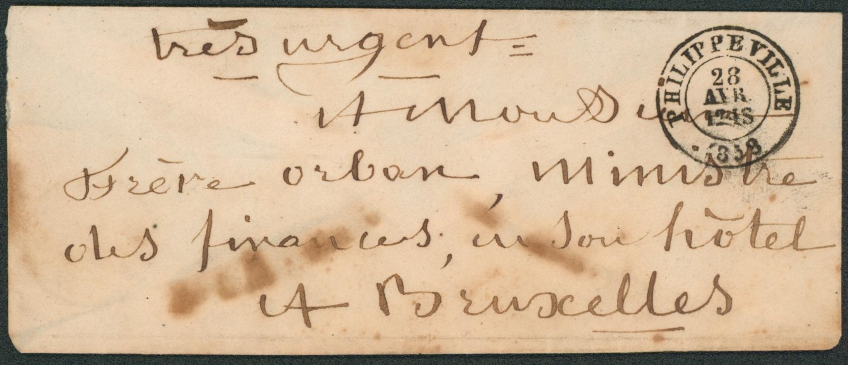Enveloppe non affranchie + cachet de cire expédiée de Philippeville, très urgent > Bruxelles.