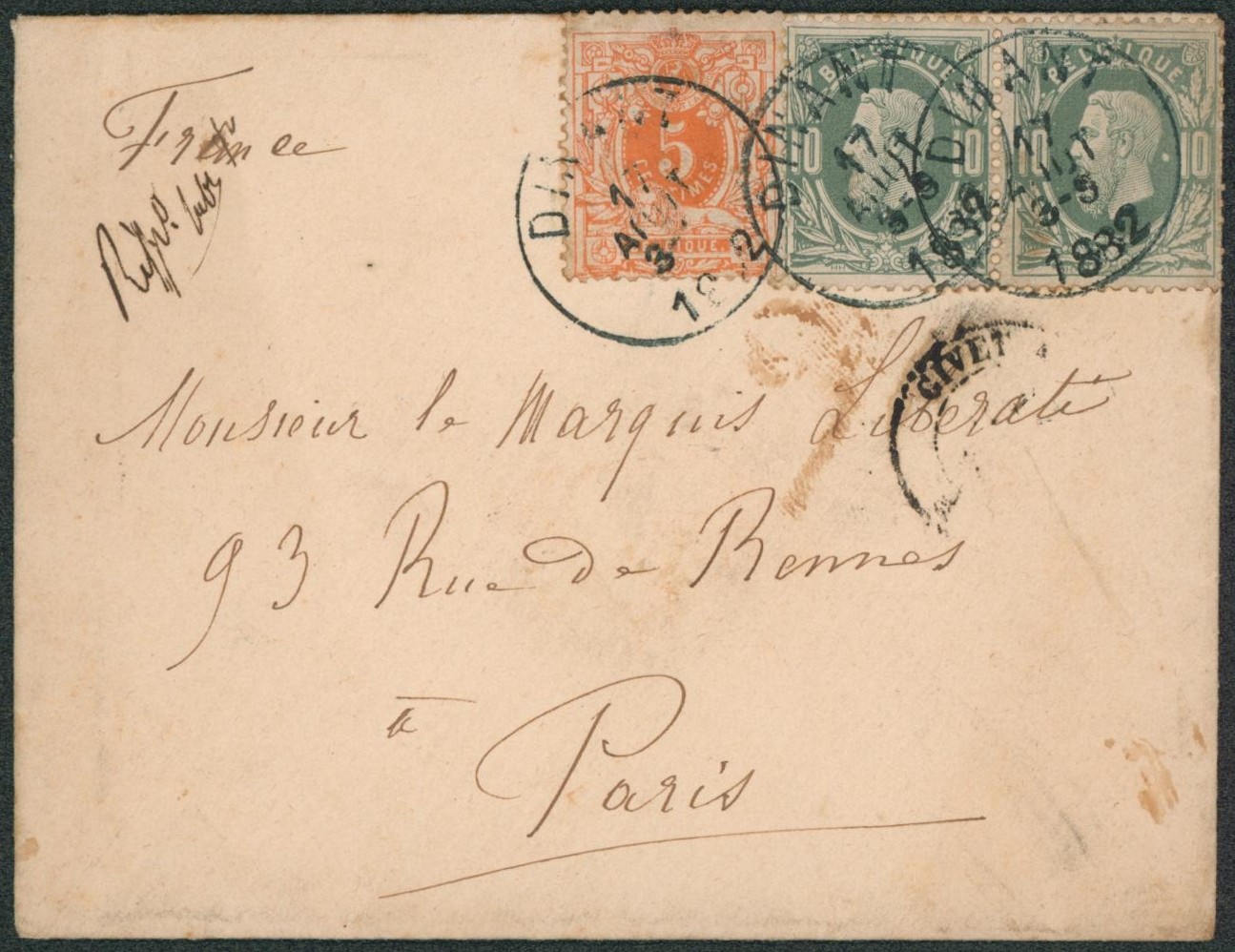 n°28 et 30 x2 sur Env. obl simple cercle "Dinant" (1882) via Givet > Paris.