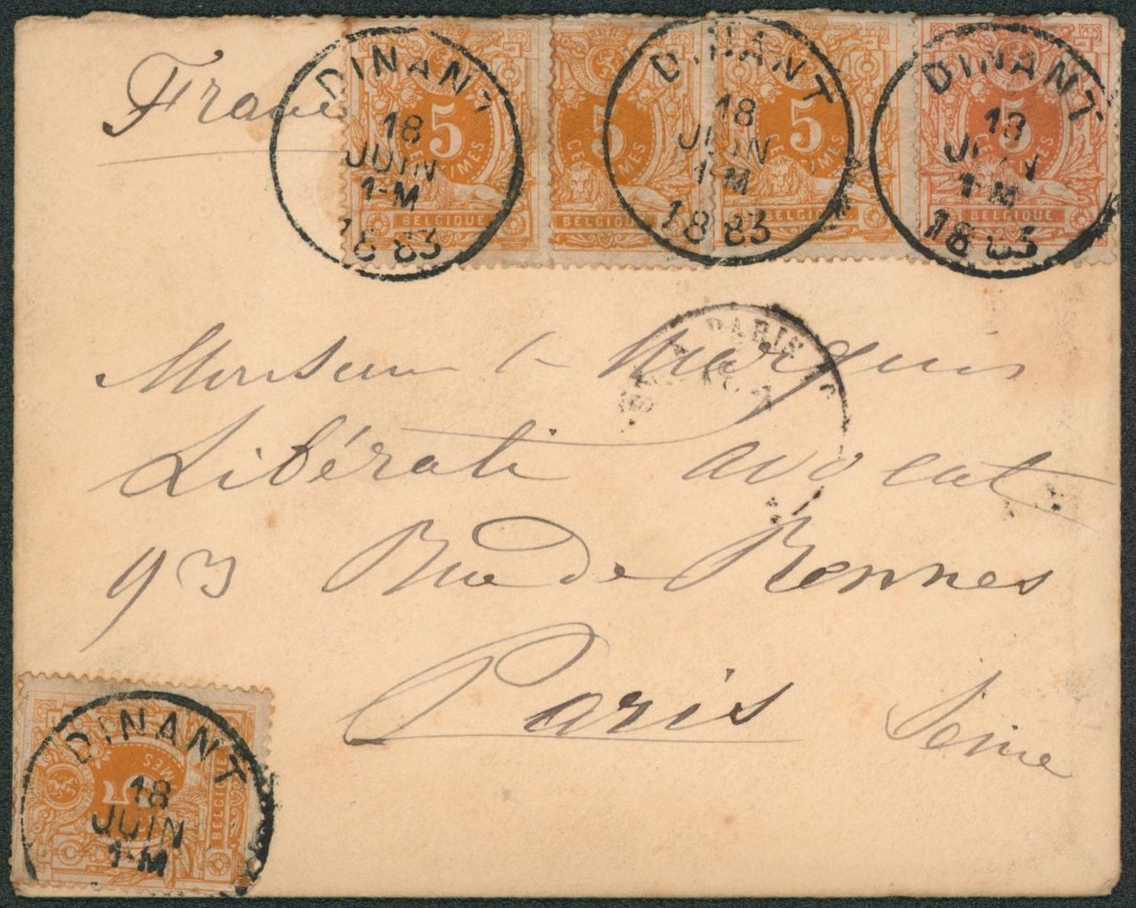 n°28 x5 sur Env. obl simple cercle "Dinant" > Paris.