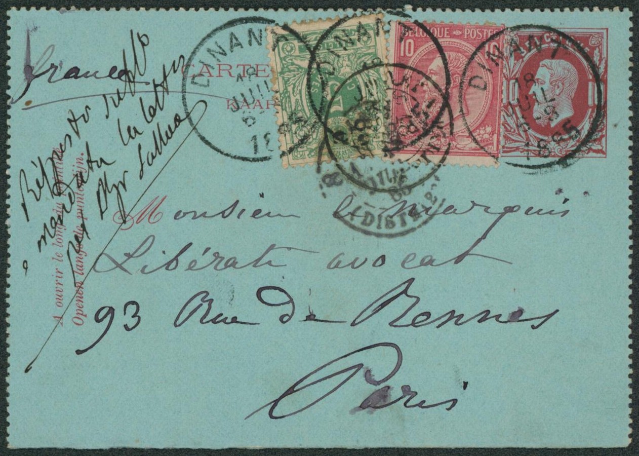 EP au type CL 10ctm rouge + n°45/46 obl simple cercle "Dinant" > Paris.