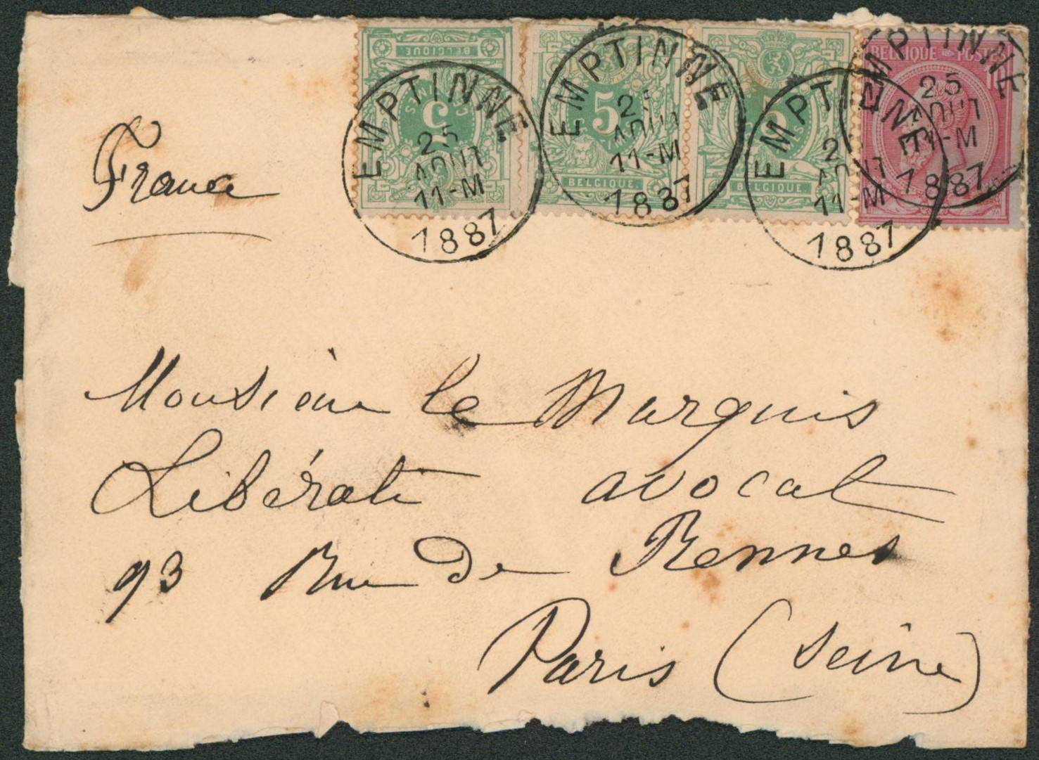 n°45 x3 et 46 sur Env. obl simple cercle "Emptinne" > Paris.