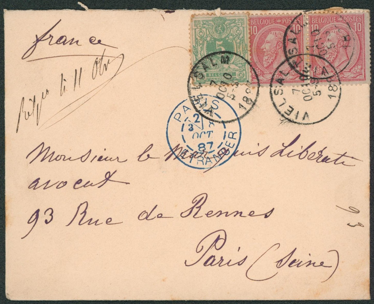 n°45 et 46 x2 sur Env. obl simple cercle "Vielsalm" > Paris