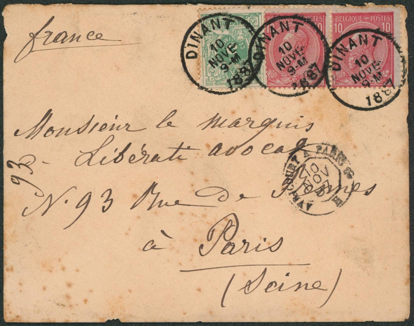 n°45 et 46 x2 sur Env. obl simple cercle "Dinant" > Paris