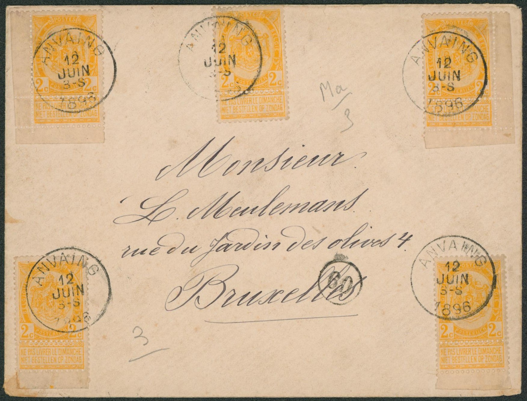 n°54 x5 sur lettre obl simple cercle "Anvaing" > Bruxelles.