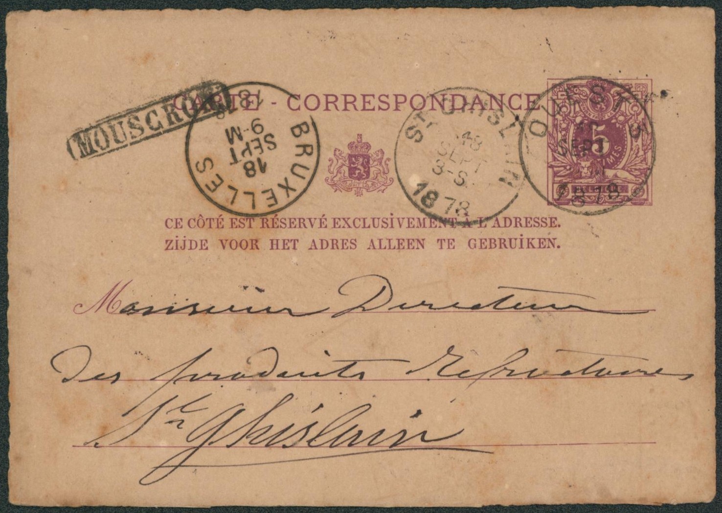 EP au type 5ctm mauve obl ambulant "Ouest 3" (3 plat) + griffe encadrée MOUSCRON > St-ghislain via Bruxelles.