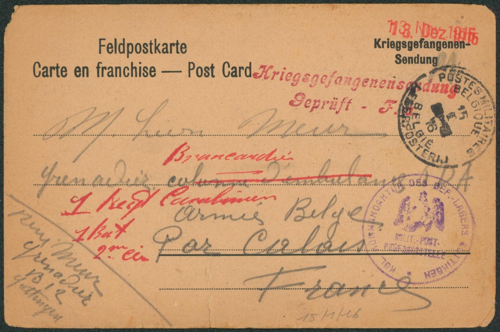 Feldpostkarte (carte en franchise) + griffe kriegsgefangenensendung geprüft - F.M. du camp de Göttingen (prisonnier) > Armée belge çàd Brancardier par Calais. Texte