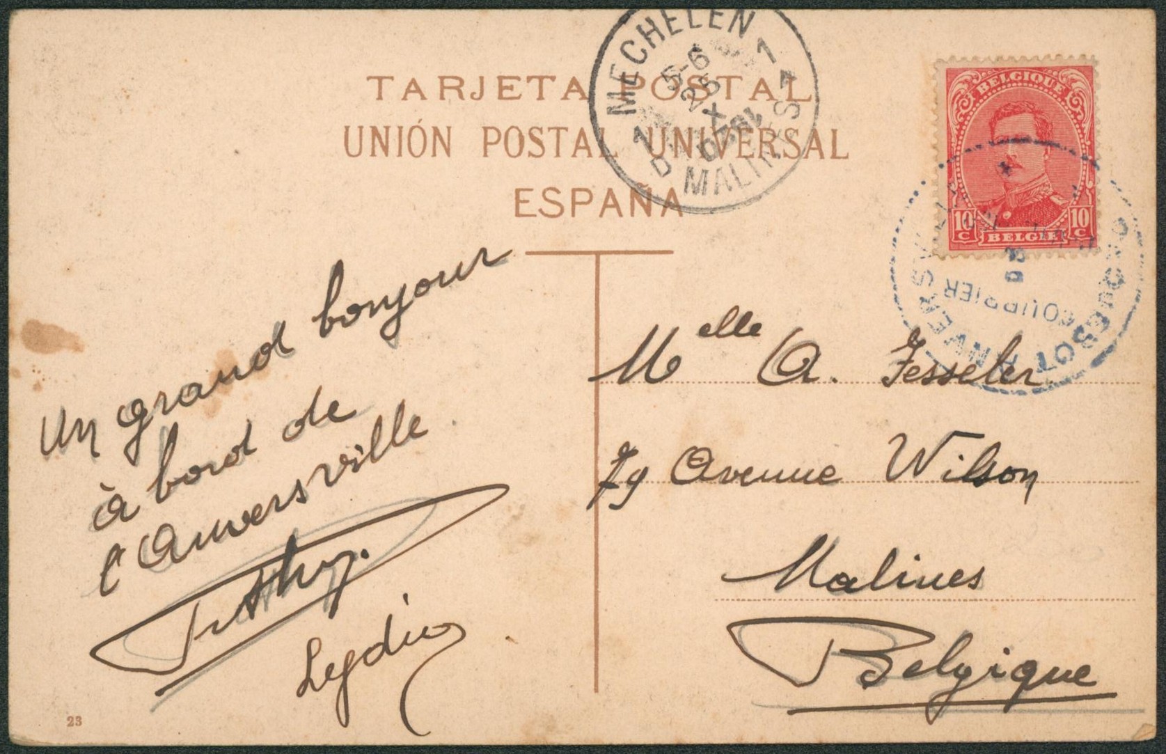Albert I - n°138 sur CP étrangère cachet "Courrier de haute mer / Paquebot Anversville" > Malines, Mechelen.