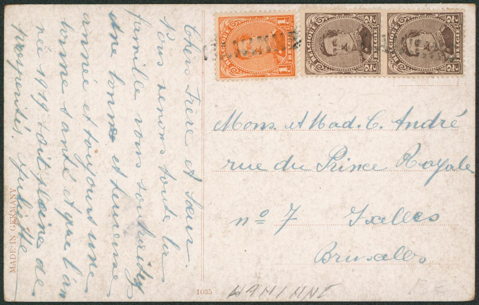 n°135 et 136 x2 sur CP annulé par griffe de fortune NANINNE > Ixelles