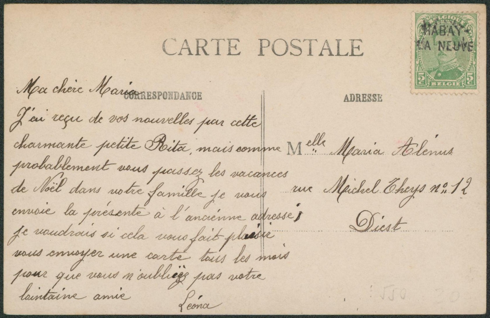 n°137 sur CP annulé par griffe de fortune HABAY- / LA-NEUVE > Diest.