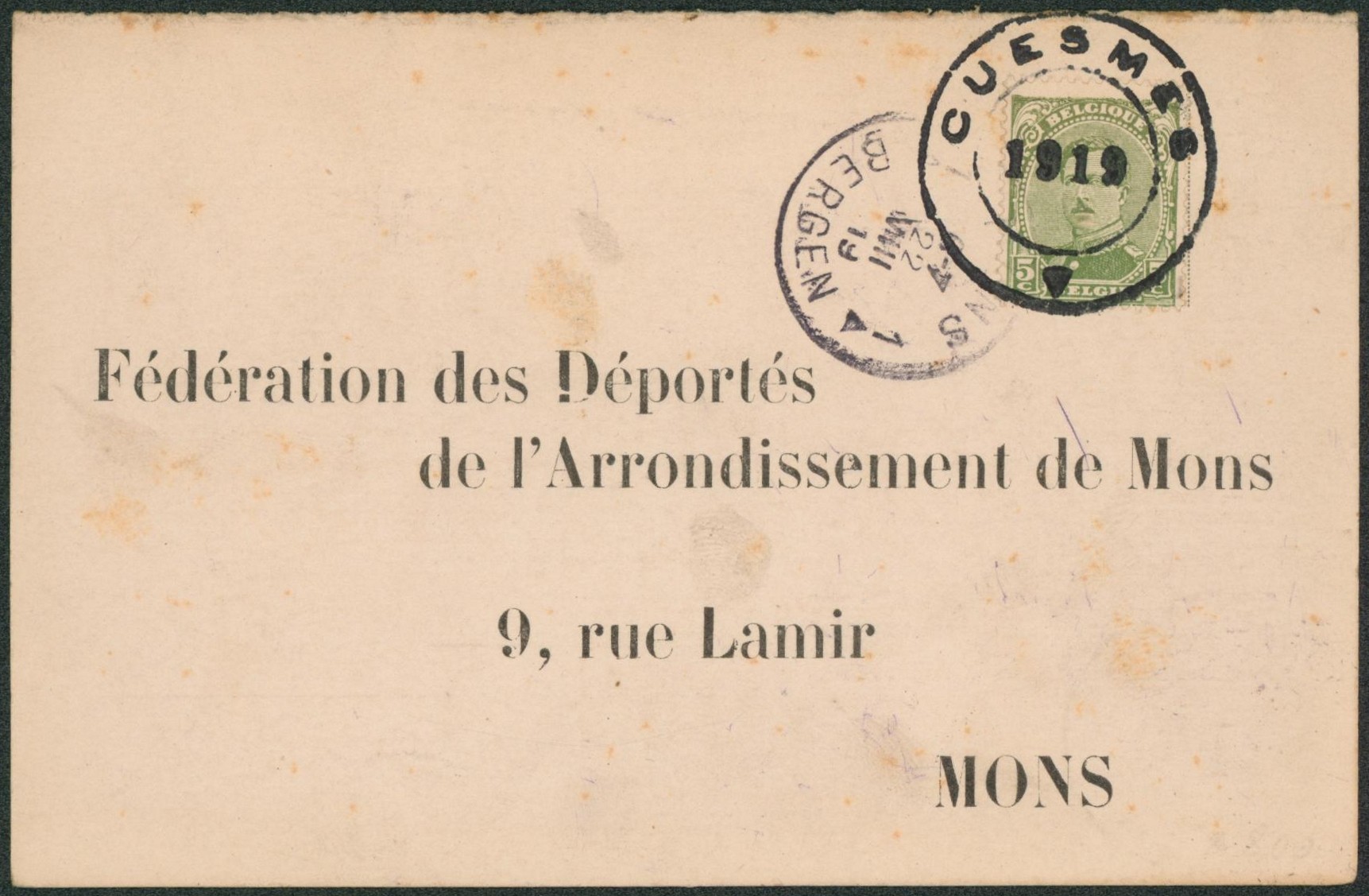 n°137 sur imprimé annulé par cachet de fortune type DC "Cuesmes 1919" > Mons.