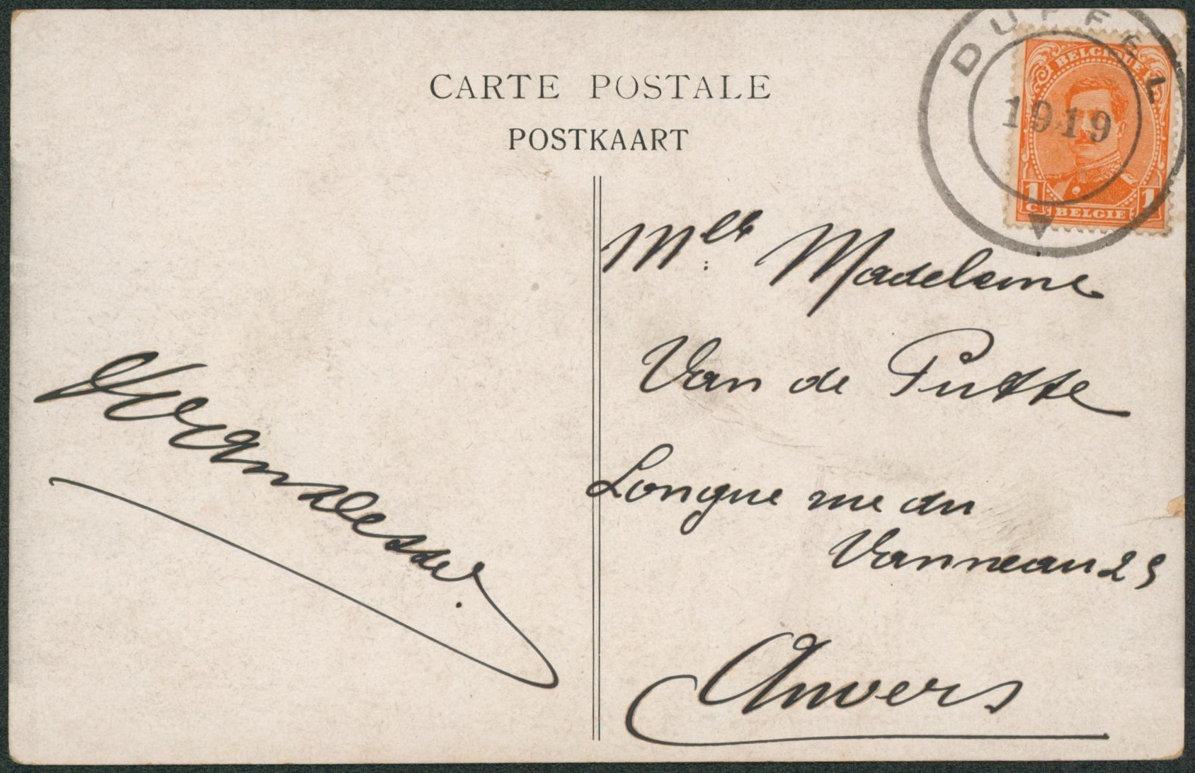 n°135 sur CP annulé par cachet de fortune type DC "Duffel 1919" > Anvers.