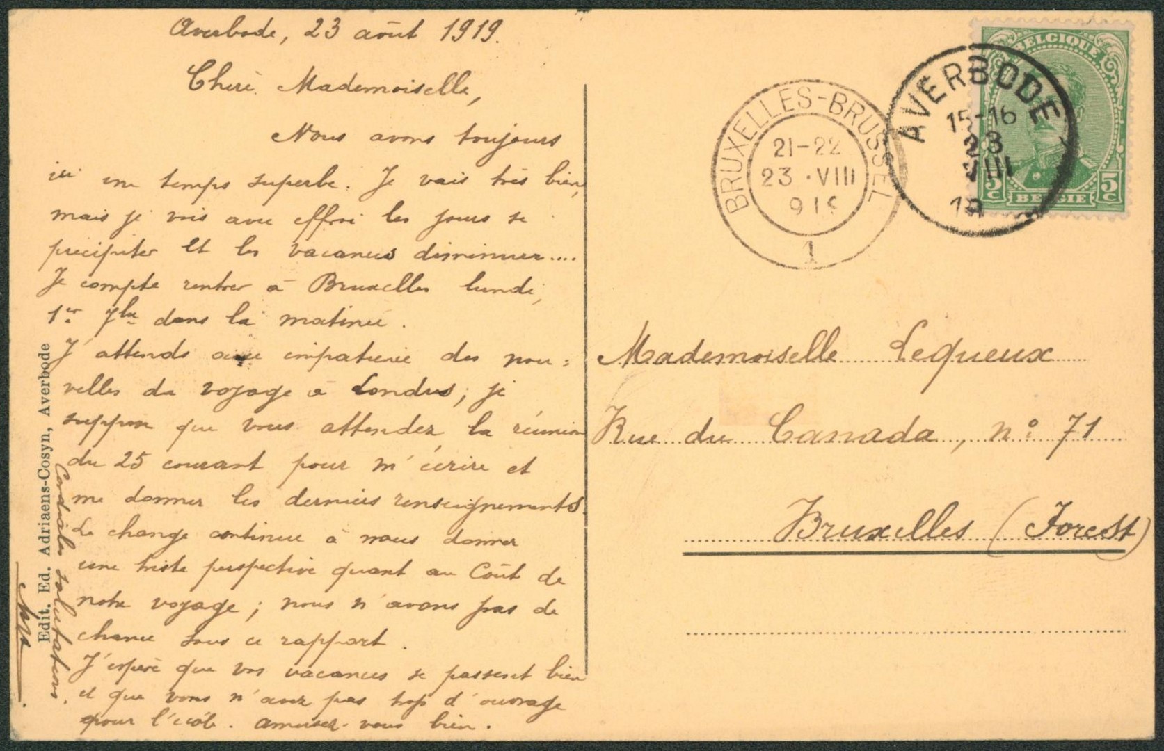 n°137 sur CP annulé par cachet de fortune type S.C. année partielle "Averdode" > Bruxelles.
