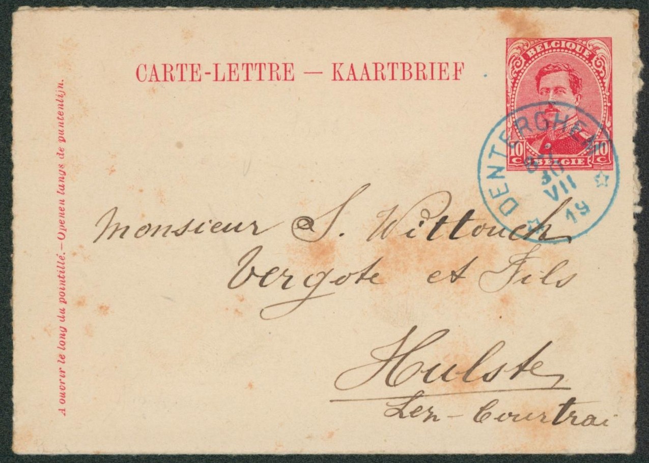 EP au type CL 10ctm rouge obl relais de fortune "Denterghem" (Bleu) > Hulste.
