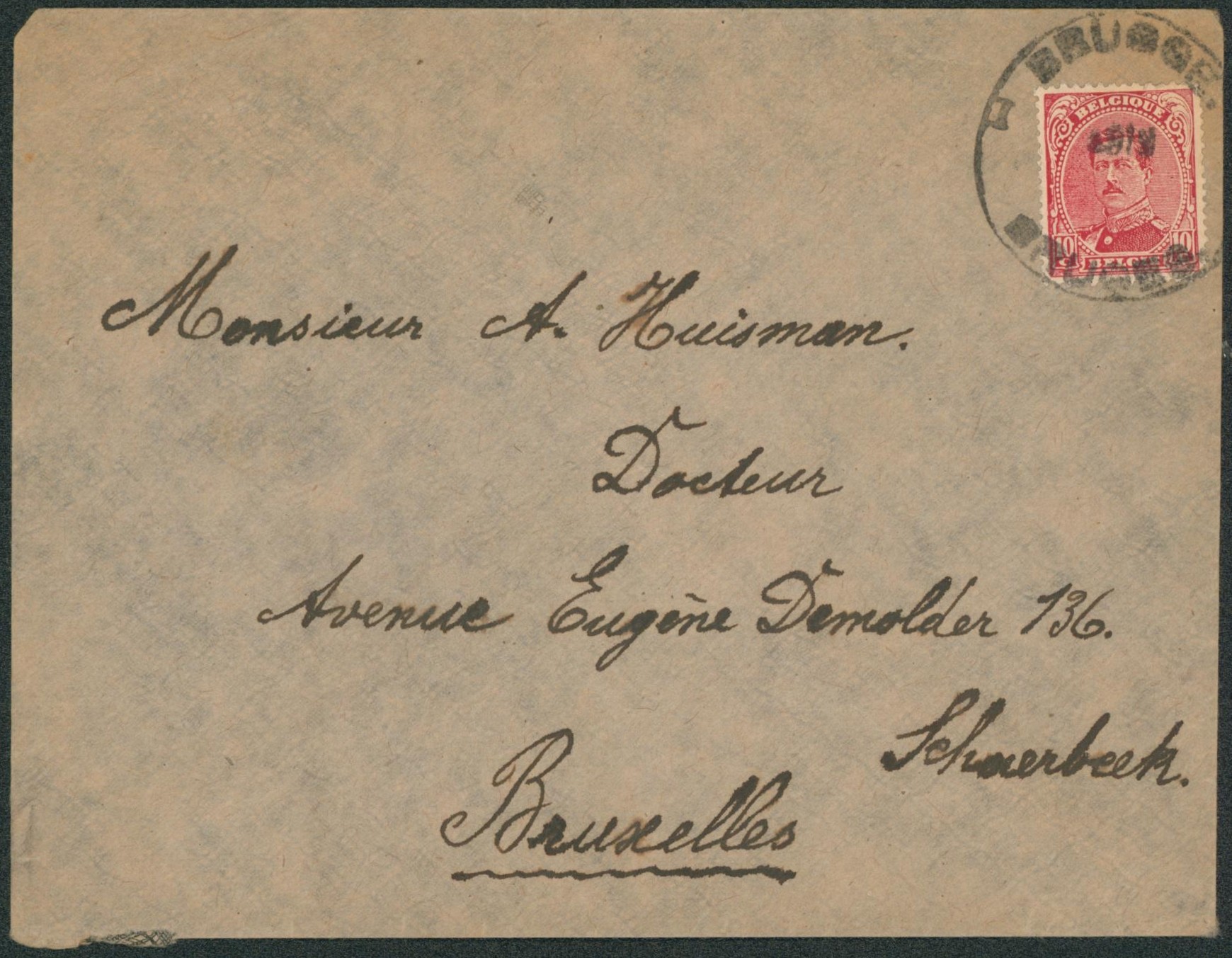 n°138 sur lettre + grand cachet de fortune "Brugge / Bruges 1919" > Schaerbeek.