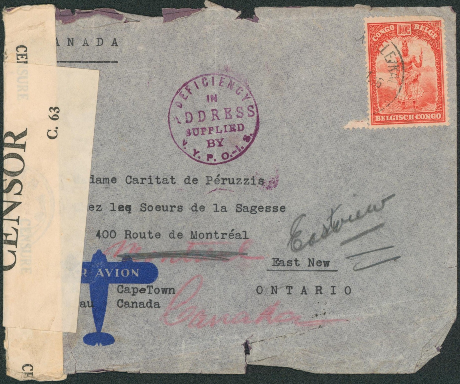 Congo Belge - n°182 sur lettre par avion, départ inconnu > Ontario (Canada) + double bandelette de censure. WWII