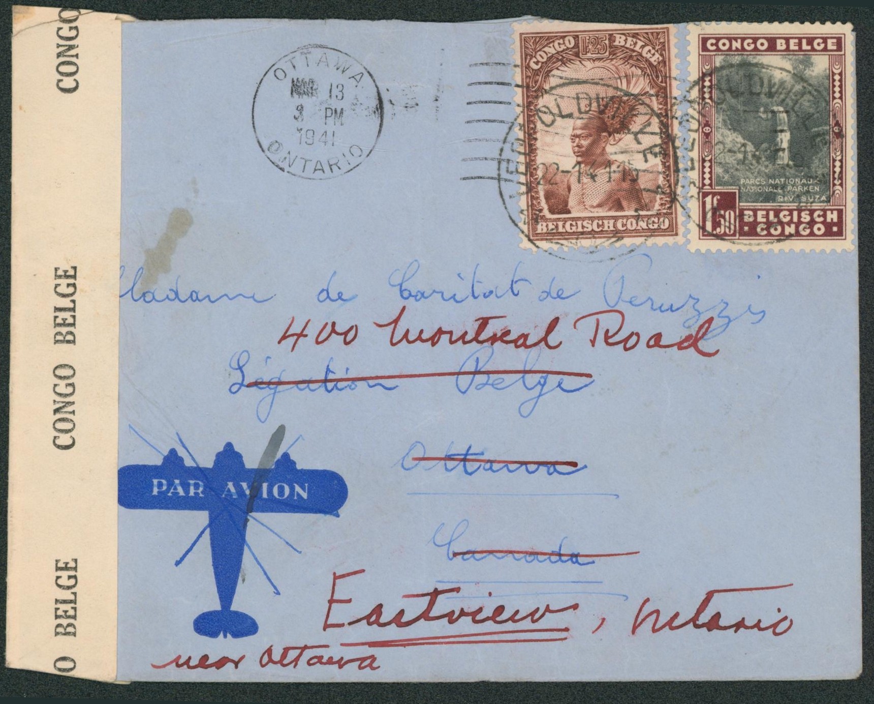 Congo Belge - n°177 et 199 sur lettre par avion de Léopoldville (1941) + bandelette de censure > Ottawa (Canada) redirigé Ontario