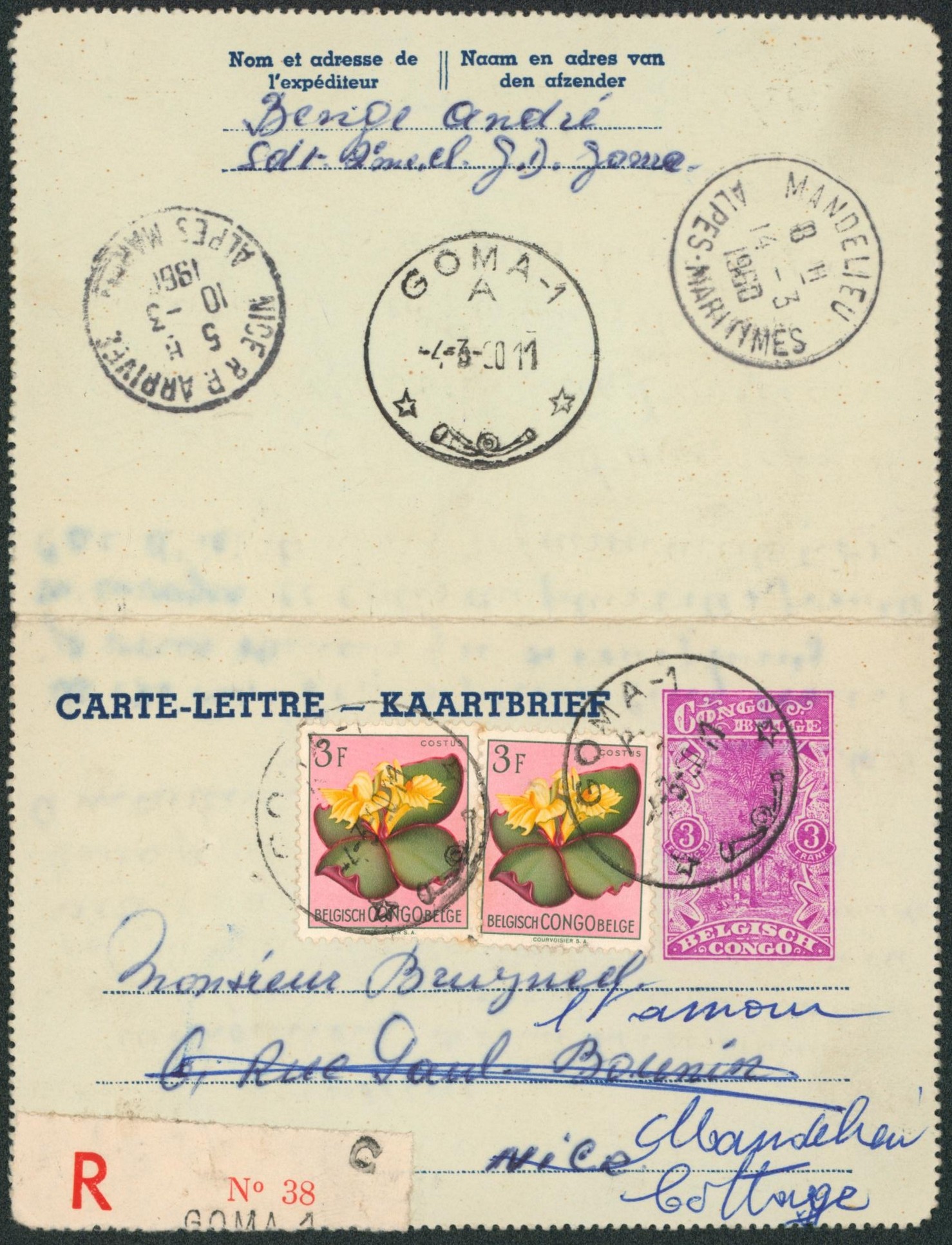 Congo Belge - EP au type CL 3F + Affranch. Fleurs en recommandé de Goma-1 > Nice redirigé vers Mandelieu (France).