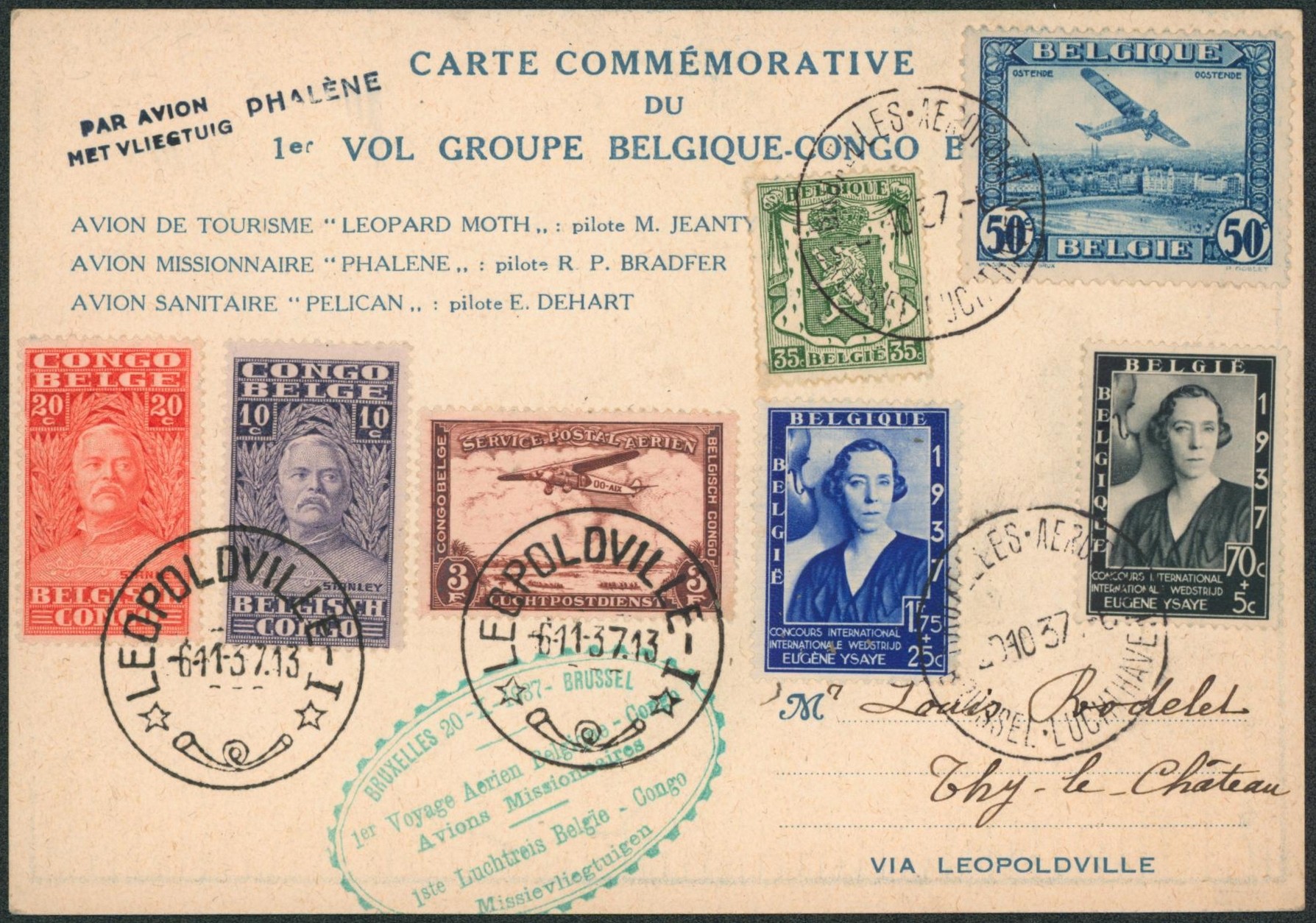 Affranch. Mixte sur carte commémorative du 1er vol Belgique-Congo (Avion Phalène) de Bruxelles via Léopoldville > Thy-le-château