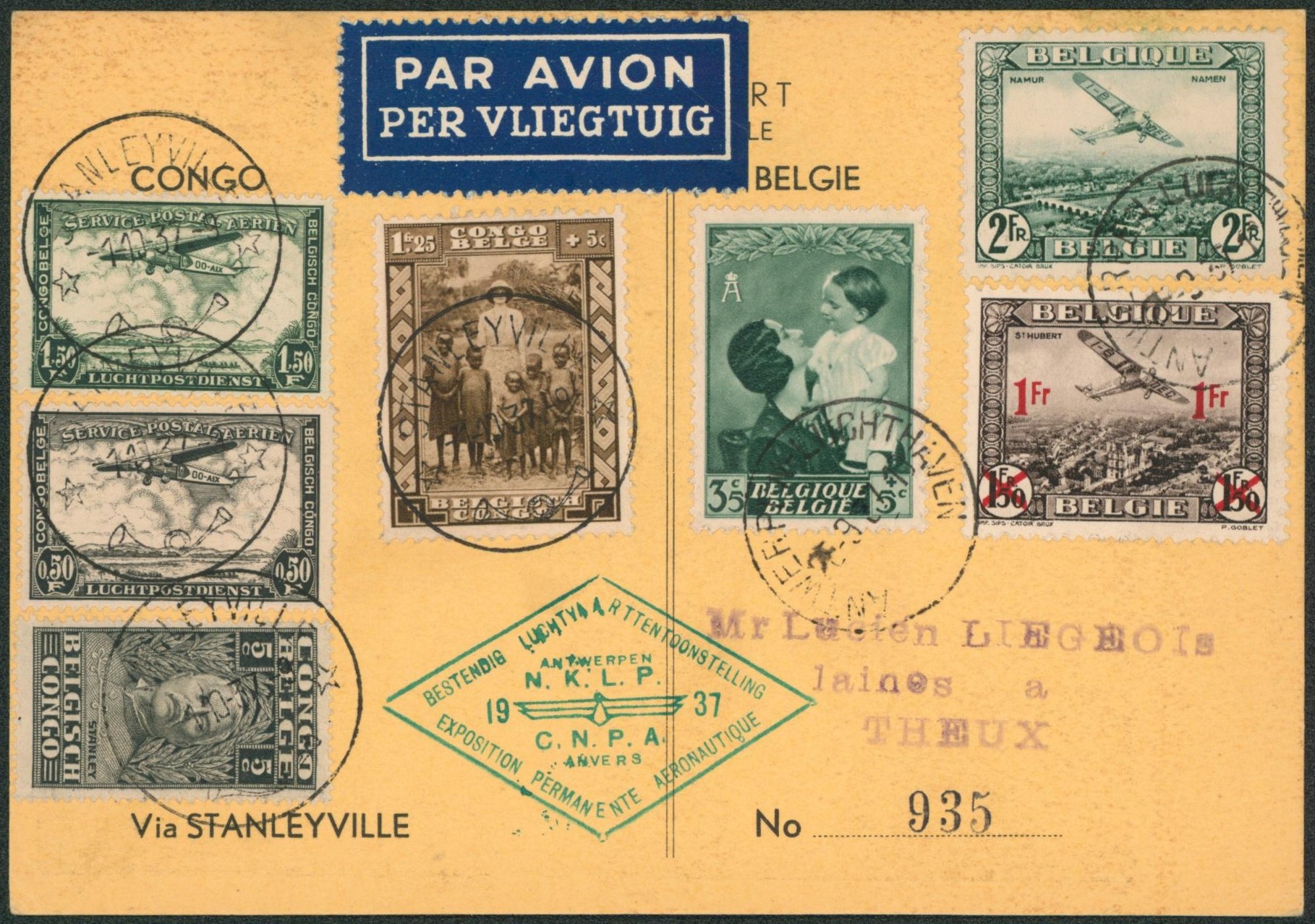 Carte postale de propagande aéronautique de Antwerpen-Luchtvaart via Stanleyville > Theux  / Exposition permanente 1937
