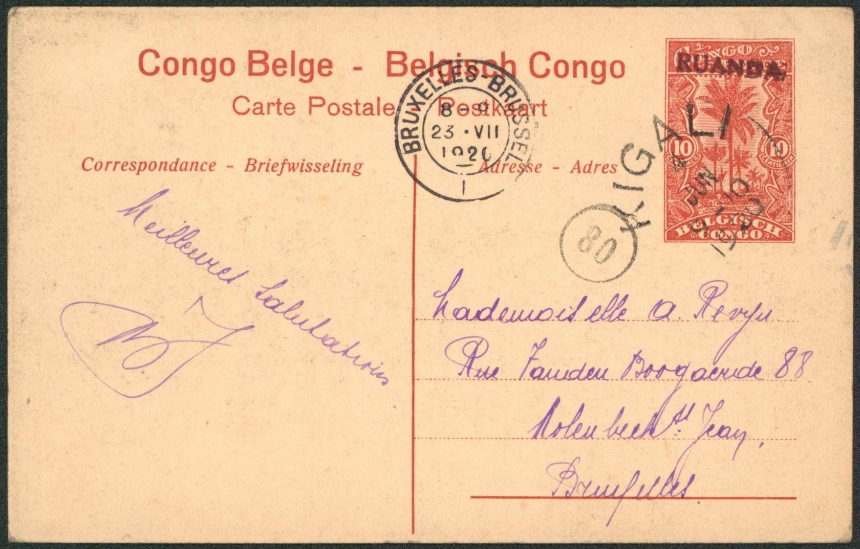 Ruanda-Urundi - EP au type TOMBEUR 10ctm rouge surcharge RUANDA vue (n°13) voyagé çàd obl de fortune KIGALI > Bruxelles. TB et R !