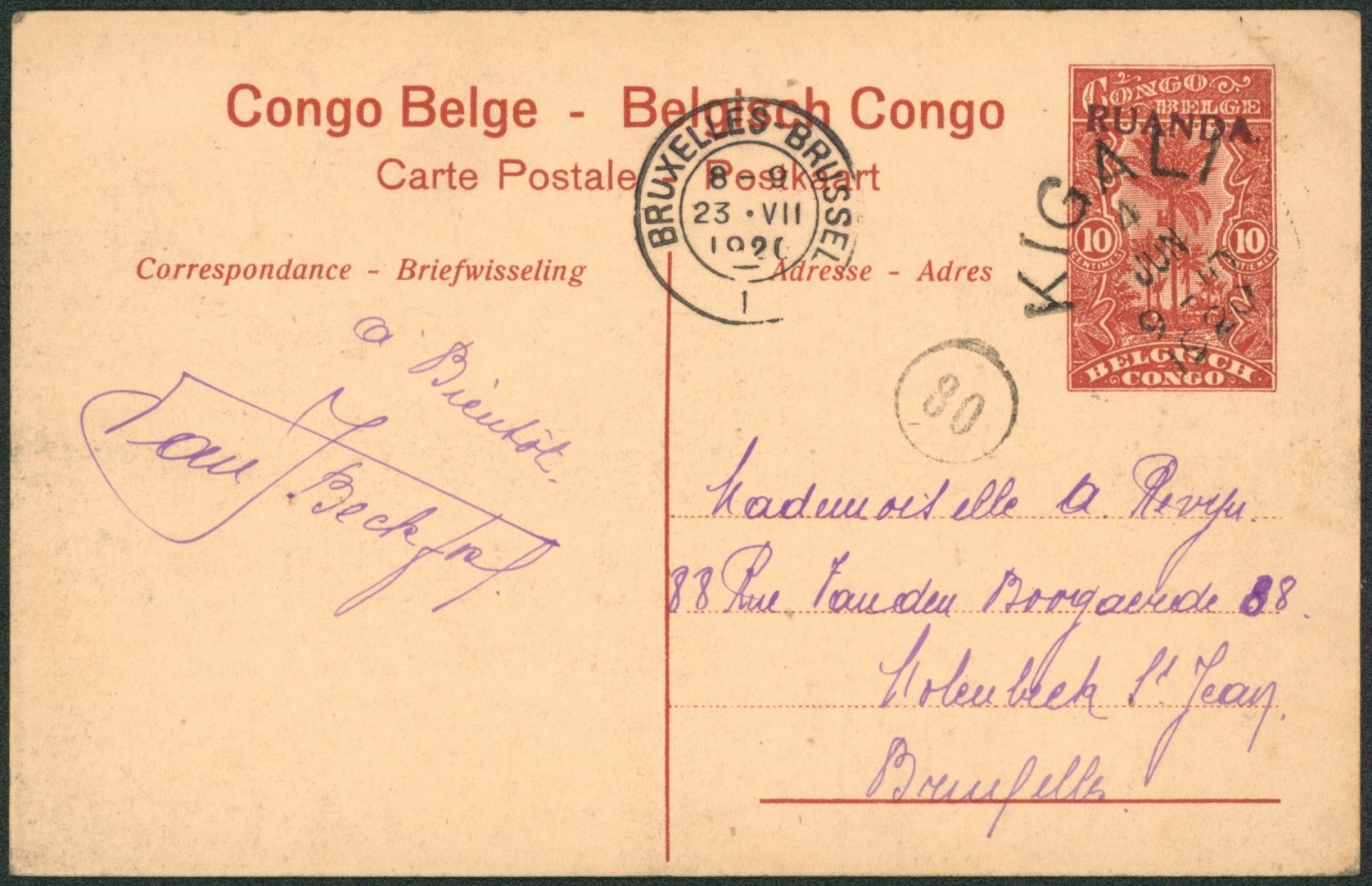 Ruanda-Urundi - EP au type TOMBEUR 10ctm rouge surcharge RUANDA vue (n°63) voyagé çàd obl de fortune KIGALI > Bruxelles. TB et R !