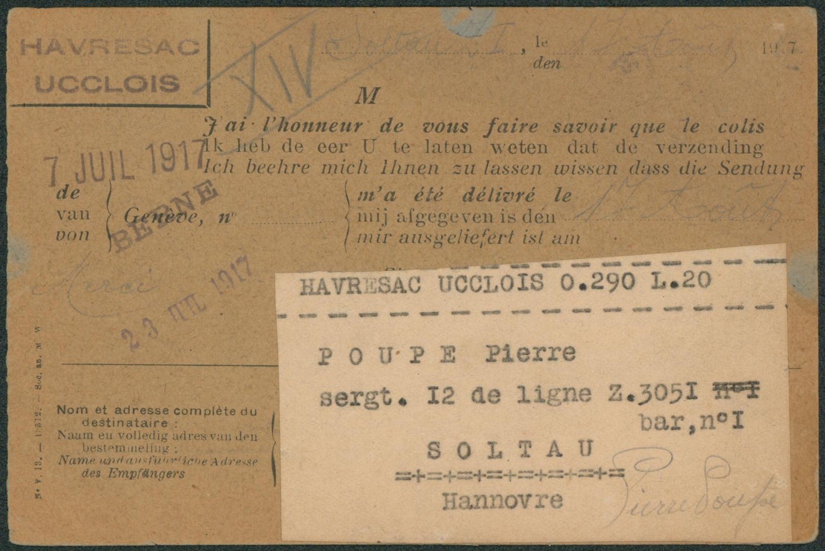 WWI - CP imprimée de Soltau (Havresac Ucclois, sergent 12e de ligne) > Agence belge de renseignement à Bruxelles.